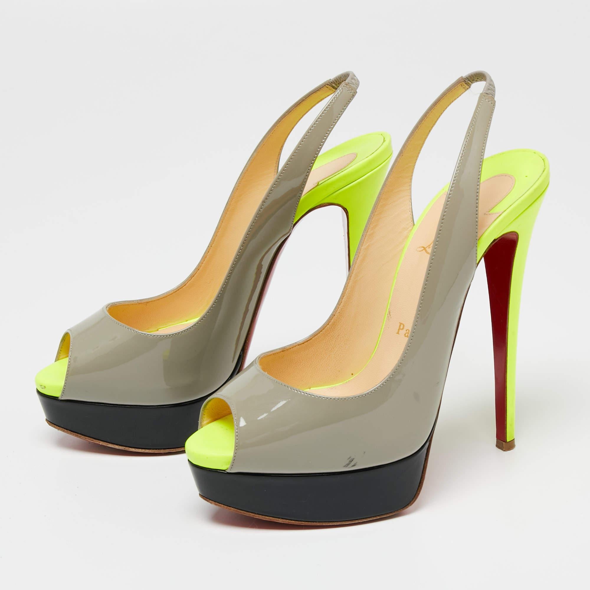 Women's Christian Louboutin Tri-Color Patent Leather Lady Peep-Toe Slingback Sandals Siz For Sale