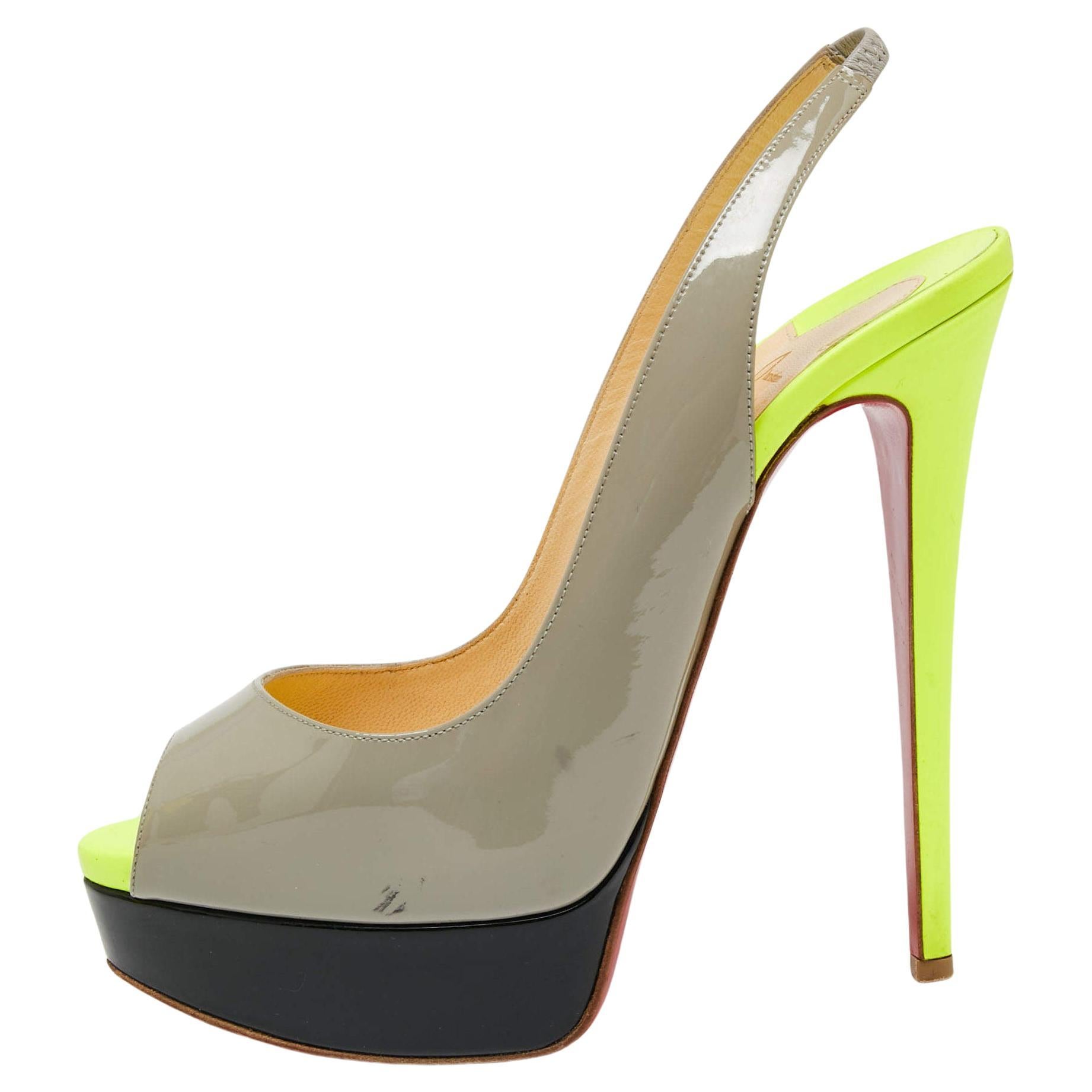 Christian Louboutin Tri-Color Patent Leather Lady Peep-Toe Slingback Sandals Siz For Sale