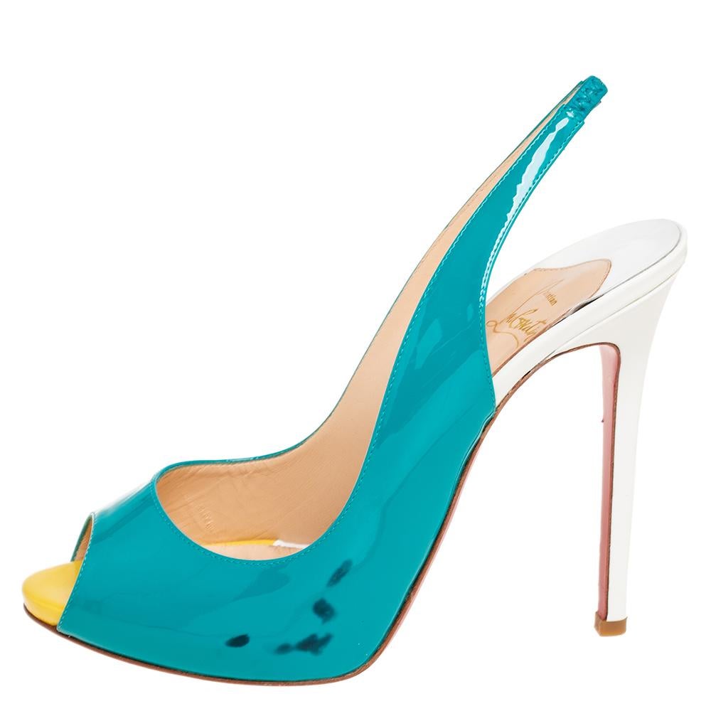 An emblematic creation originating from Christian Louboutin, these gorgeous Lady Peep sandals grant glamour and chic aesthetic to your feet flawlessly. They are crafted using tricolored patent leather and are styled with peep-toes. They are elevated
