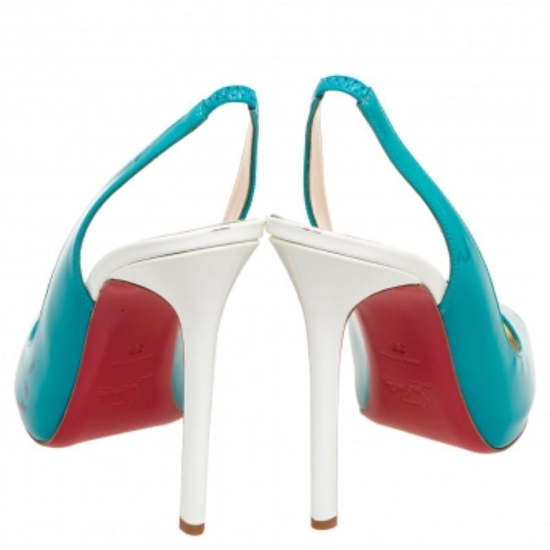 Christian Louboutin Dreifarbiges Lackleder Peep-Toe Slingback Pumps Größe 39 im Zustand „Gut“ im Angebot in Dubai, Al Qouz 2
