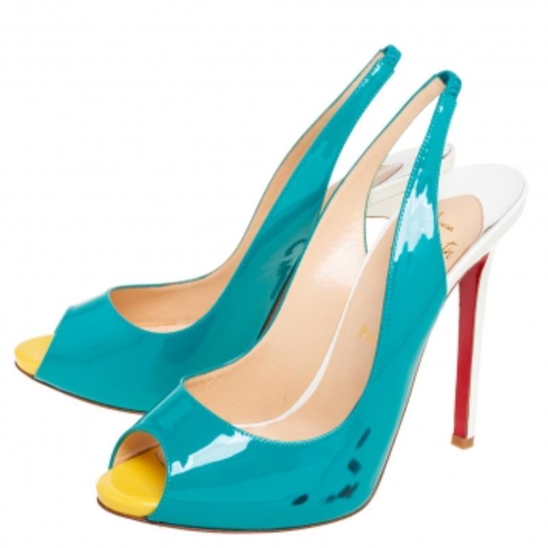 Christian Louboutin Dreifarbiges Lackleder Peep-Toe Slingback Pumps Größe 39 im Angebot 2