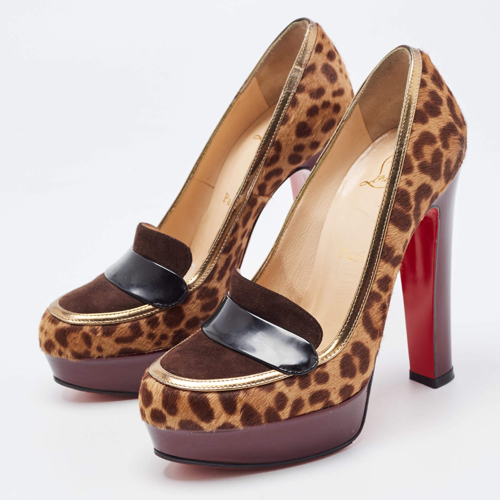 Women's Christian Louboutin Tricolor Animal Print Calf Hair Loafer Pumps Size 36 For Sale