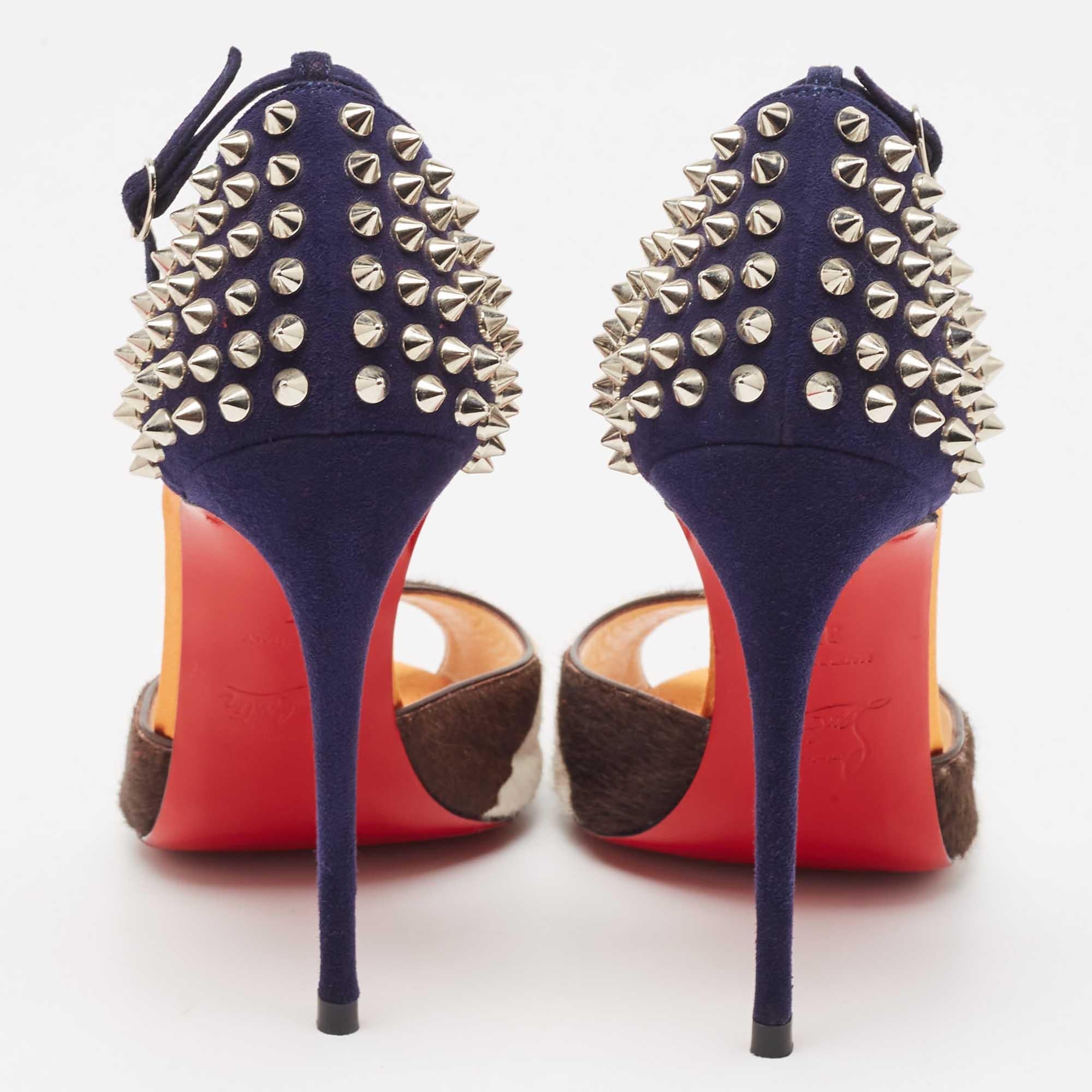 Christian Louboutin Tricolor Calf Hair and Suede Pina Spike Sandals Size 37 In Excellent Condition In Dubai, Al Qouz 2