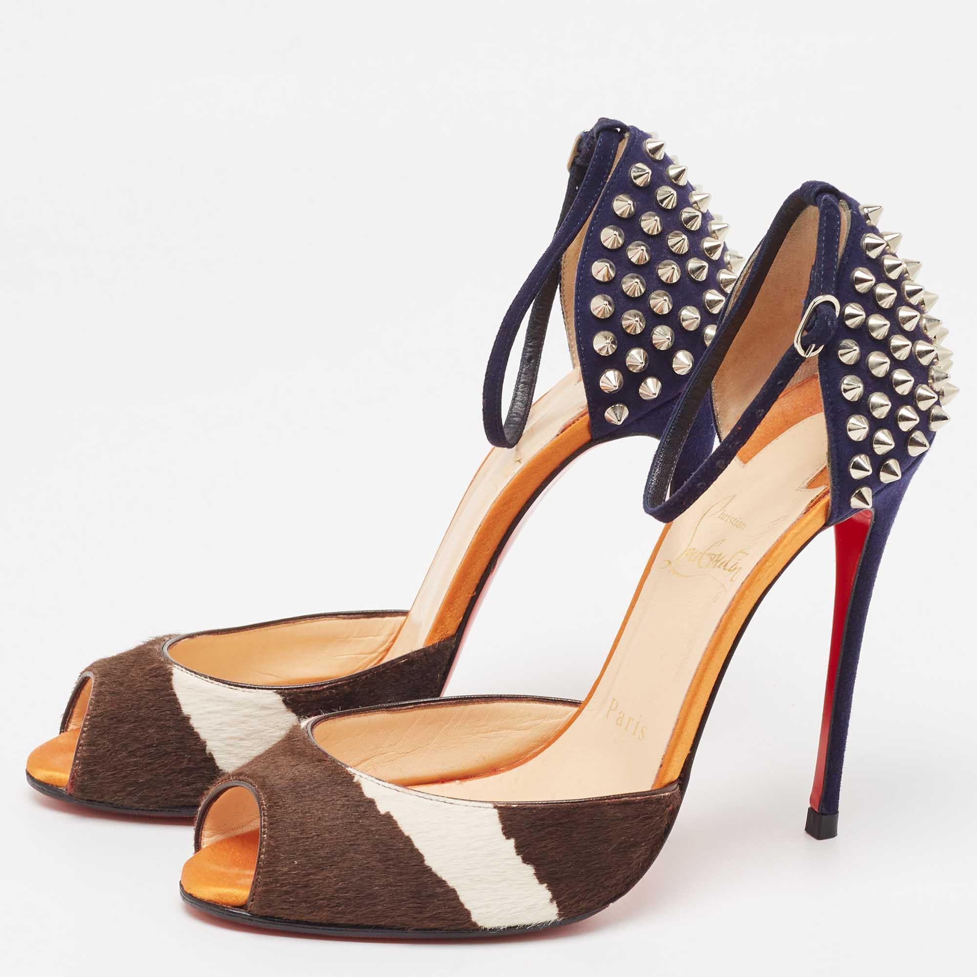 Christian Louboutin Tricolor Calf Hair and Suede Pina Spike Sandals Size 37 4