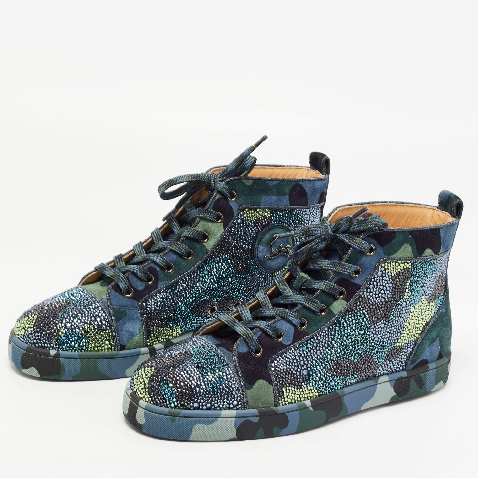 Men's Christian Louboutin Tricolor Camouflage Louis Orlato Strass High Top Size 42