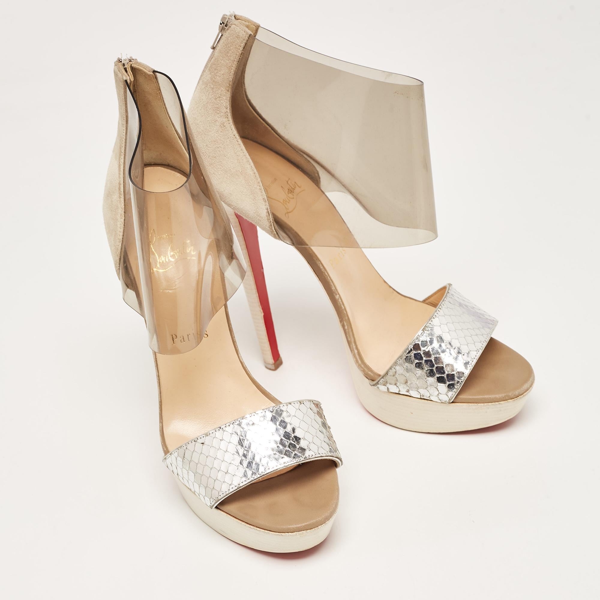 Christian Louboutin Tricolor Embossed Python and PVC Dufoura Sandals Size 38 For Sale 2