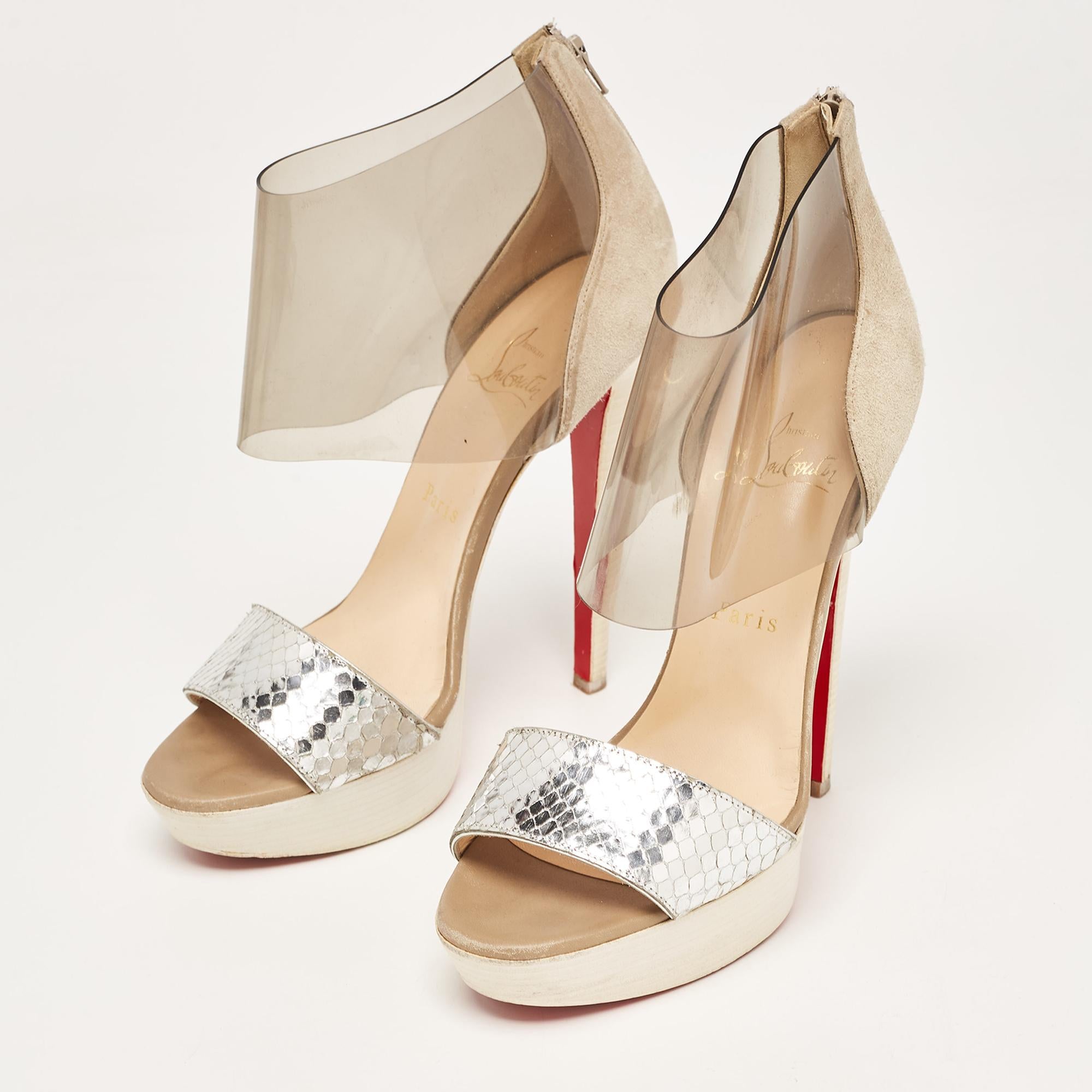Christian Louboutin Tricolor Embossed Python and PVC Dufoura Sandals Size 38 For Sale 4