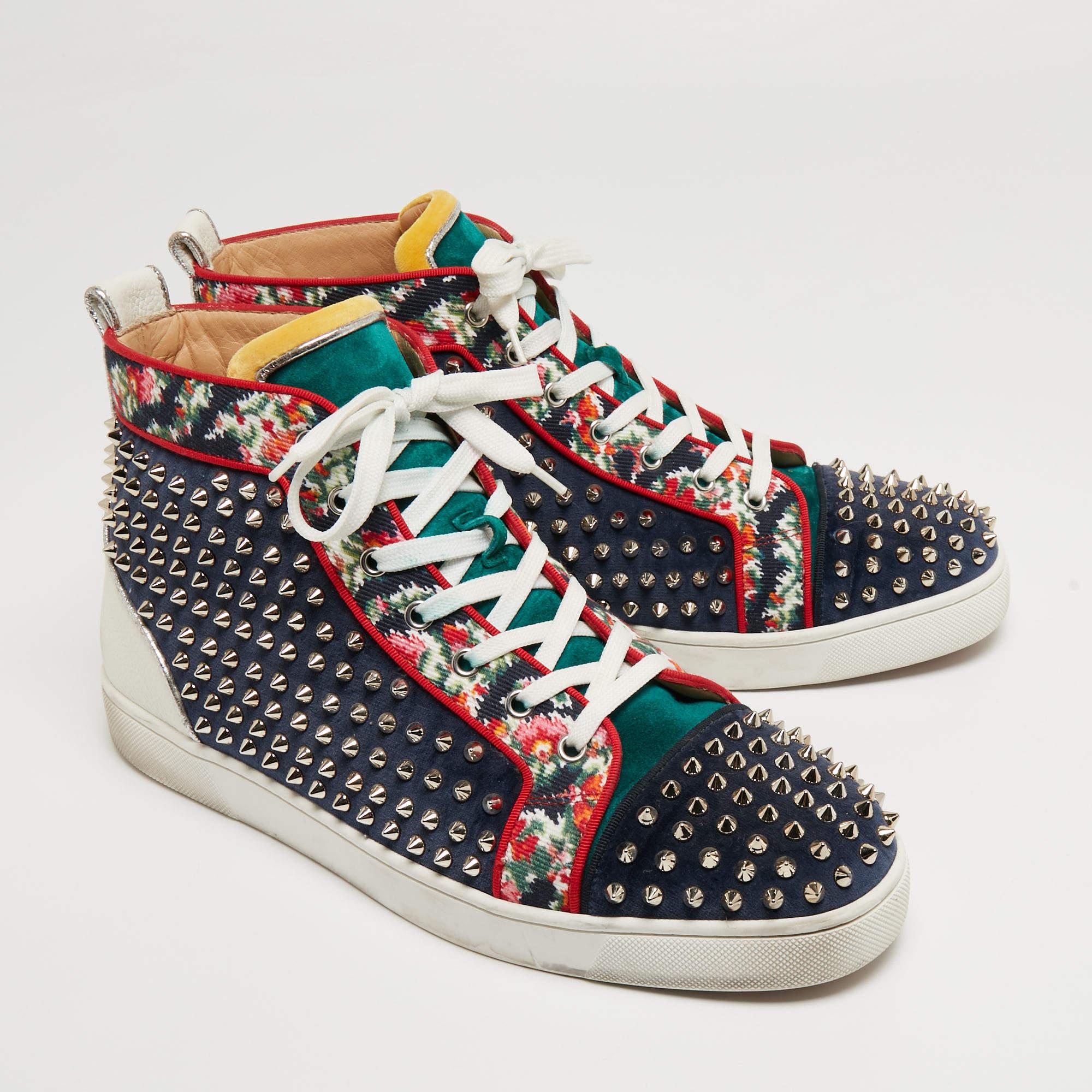 Christian Louboutin Tricolor Leather and Fabric Louis Spikes High-Top Sneakers S In Good Condition In Dubai, Al Qouz 2
