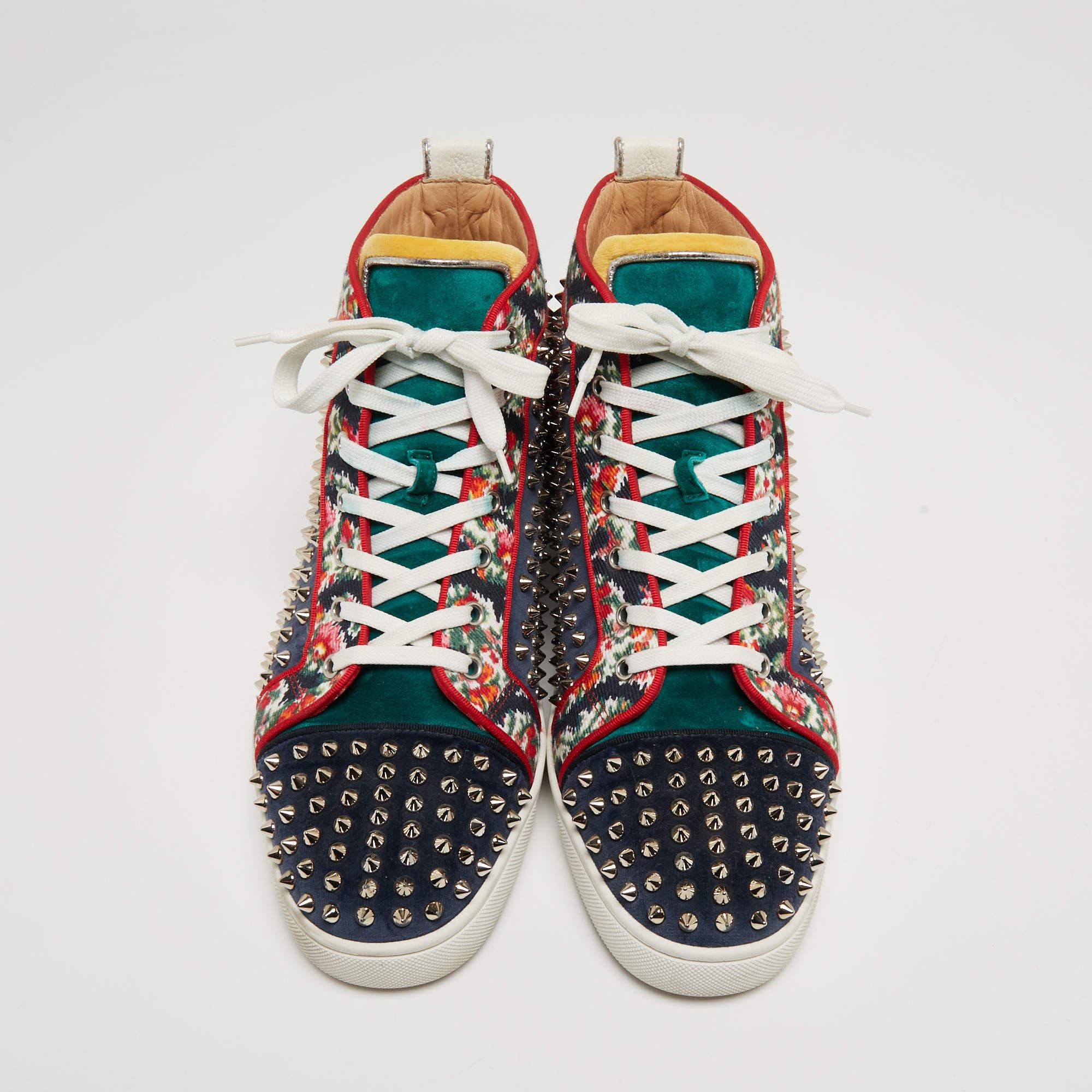 Men's Christian Louboutin Tricolor Leather and Fabric Louis Spikes High-Top Sneakers S