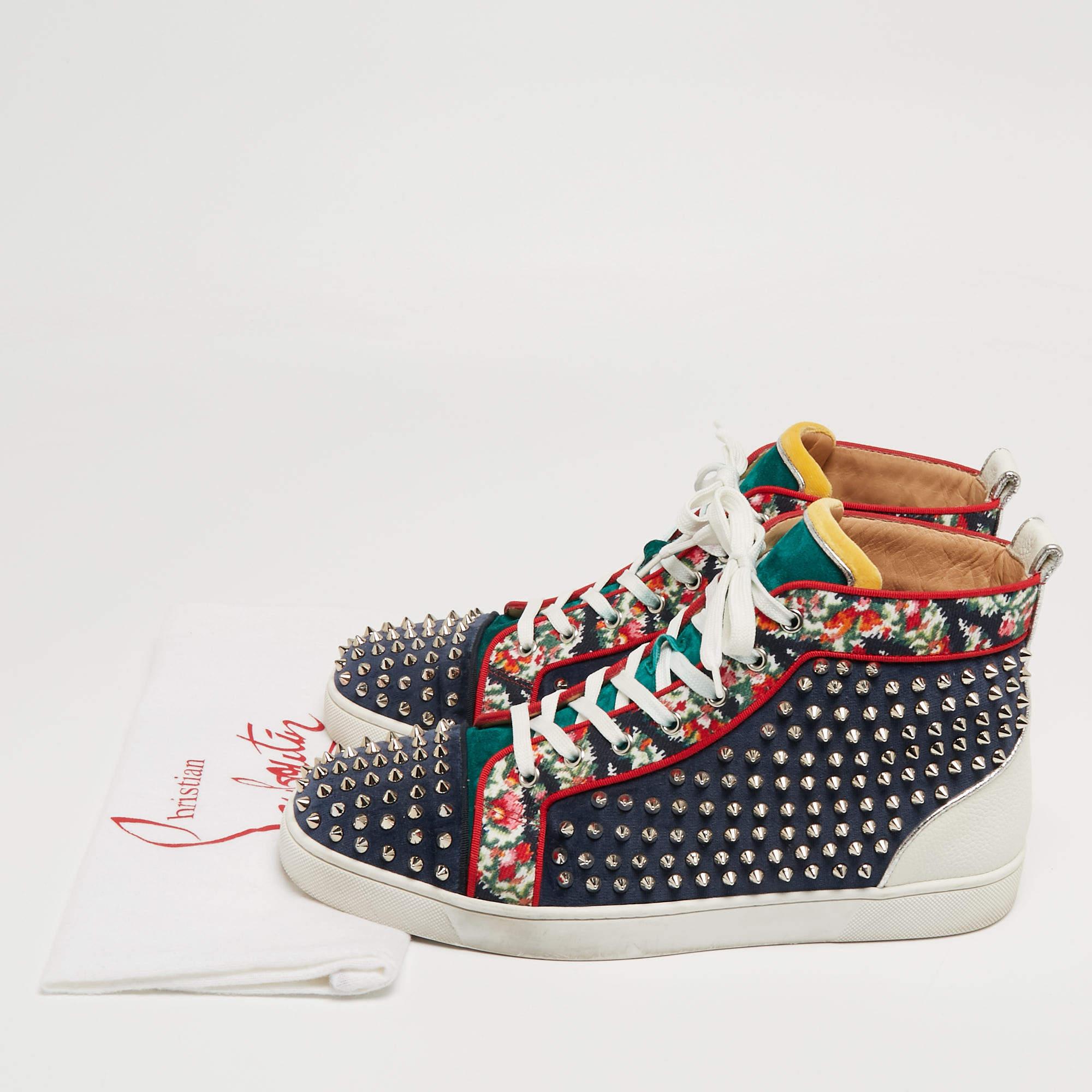 Christian Louboutin Tricolor Leather and Fabric Louis Spikes High-Top Sneakers S 5