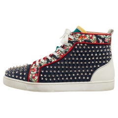 Christian Louboutin Tricolor Leather and Fabric Louis Spikes High-Top Sneakers S