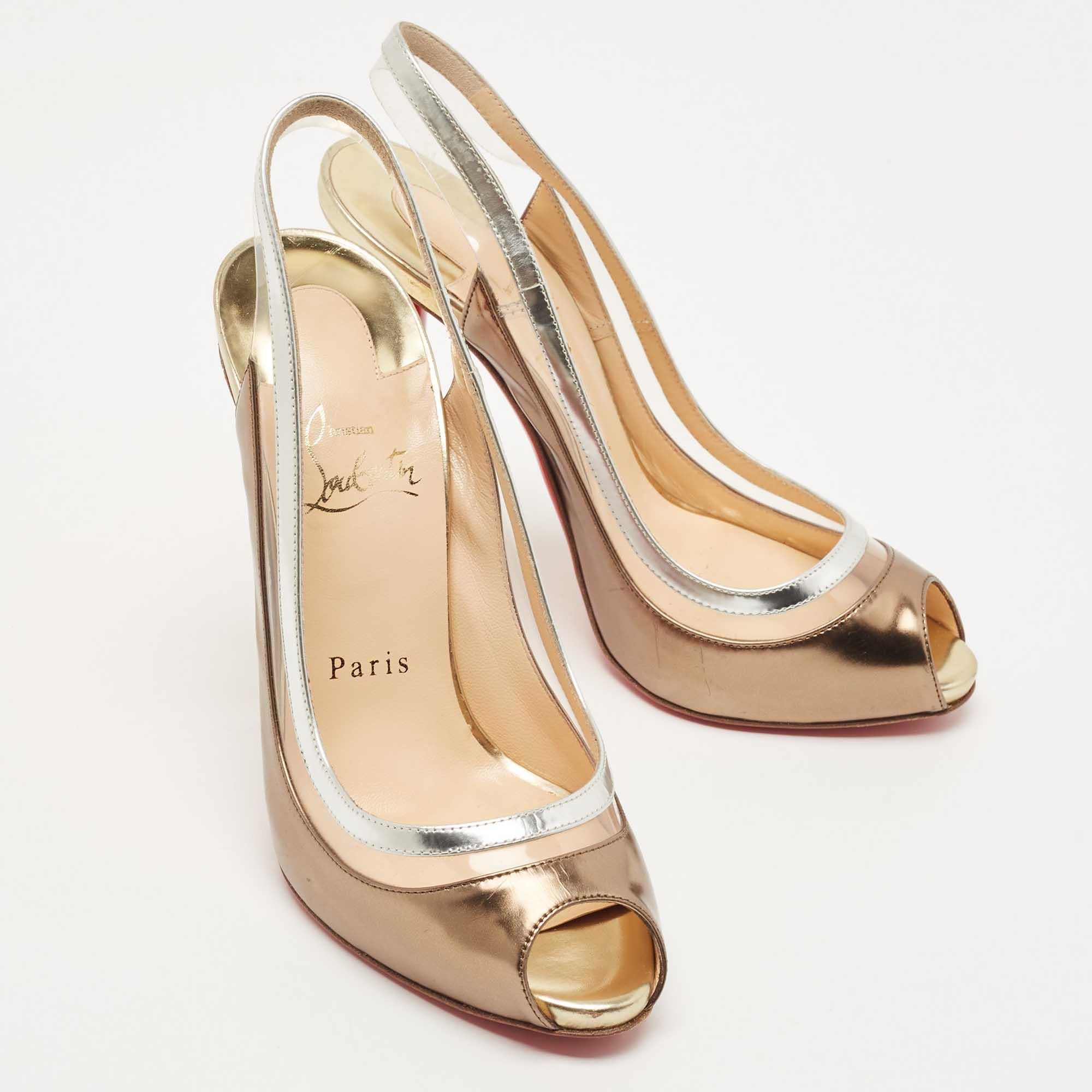 Women's Christian Louboutin Tricolor Leather Paulina Peep Toe Slingback Sandals Size 37 For Sale