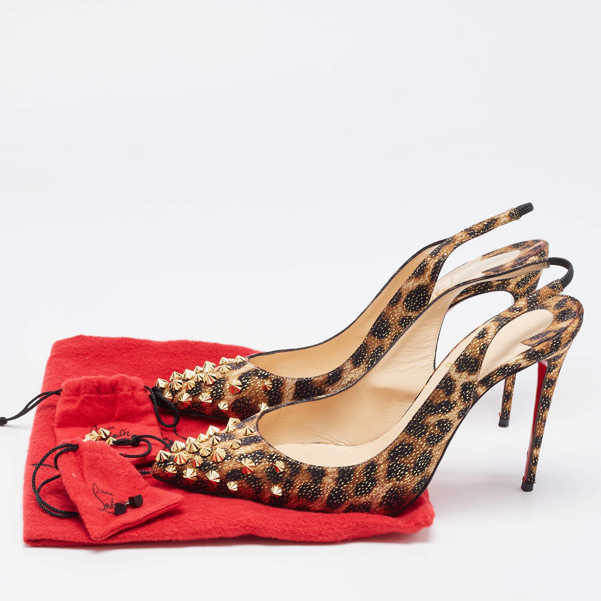 Christian Louboutin Tricolor Leopard Print Satin Spiked Drama Slingback Pumps Si For Sale 5