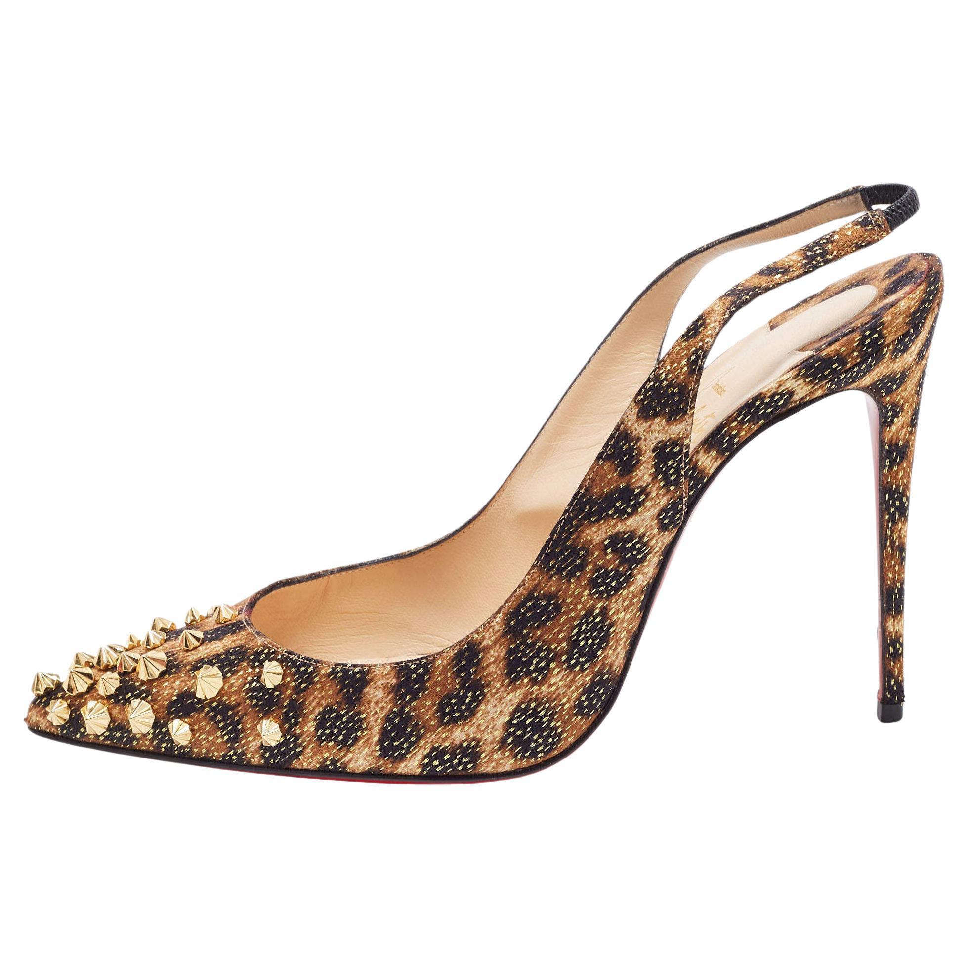 Christian Louboutin Tricolor Leopard Print Satin Spiked Drama Slingback Pumps Si For Sale