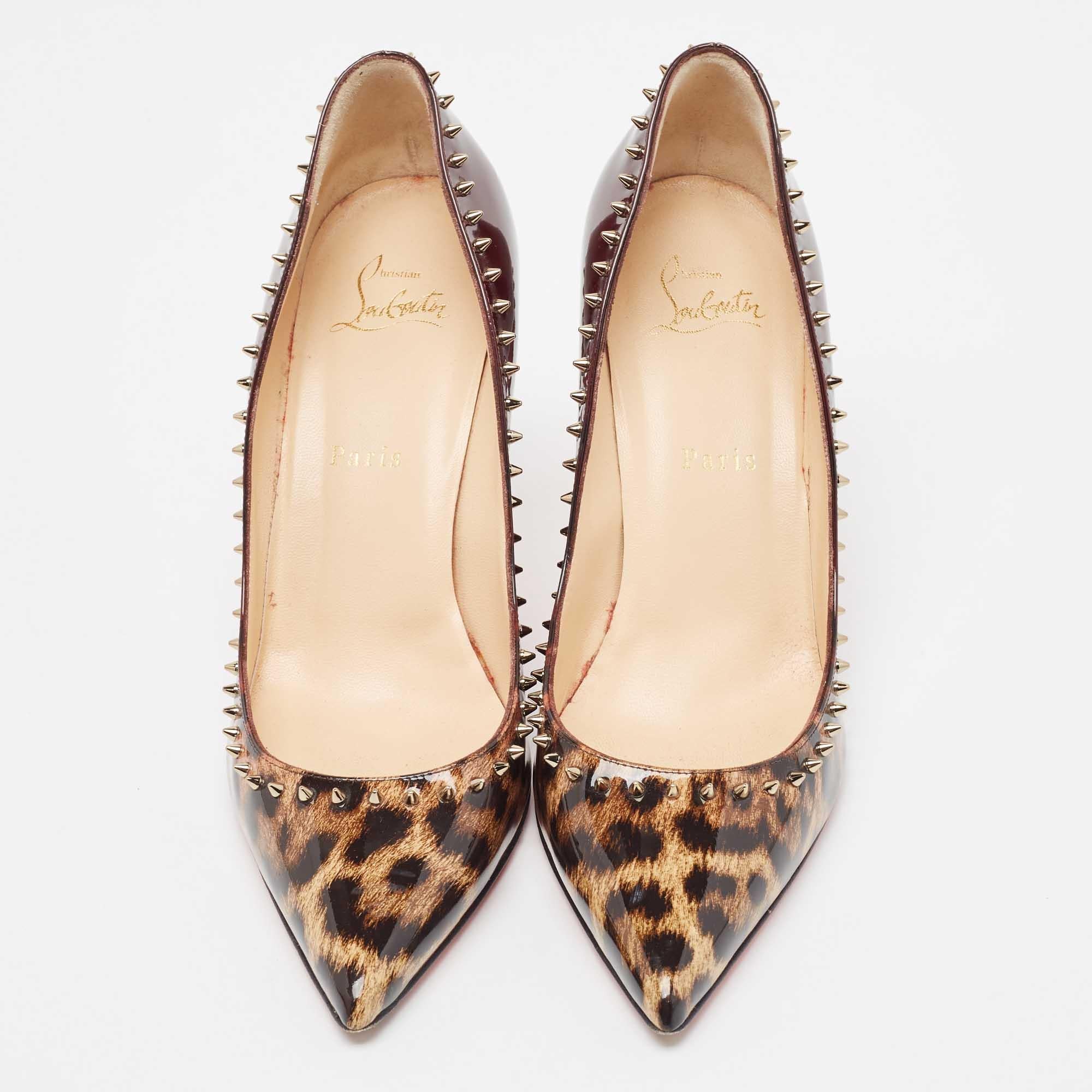 Think of shoes and Christian Louboutin is the first name that comes to our minds. These exquisite pumps are worth splurging on. Crafted from patent leather, these sandals carry a leopard print all over and spike embellishments. They are complete