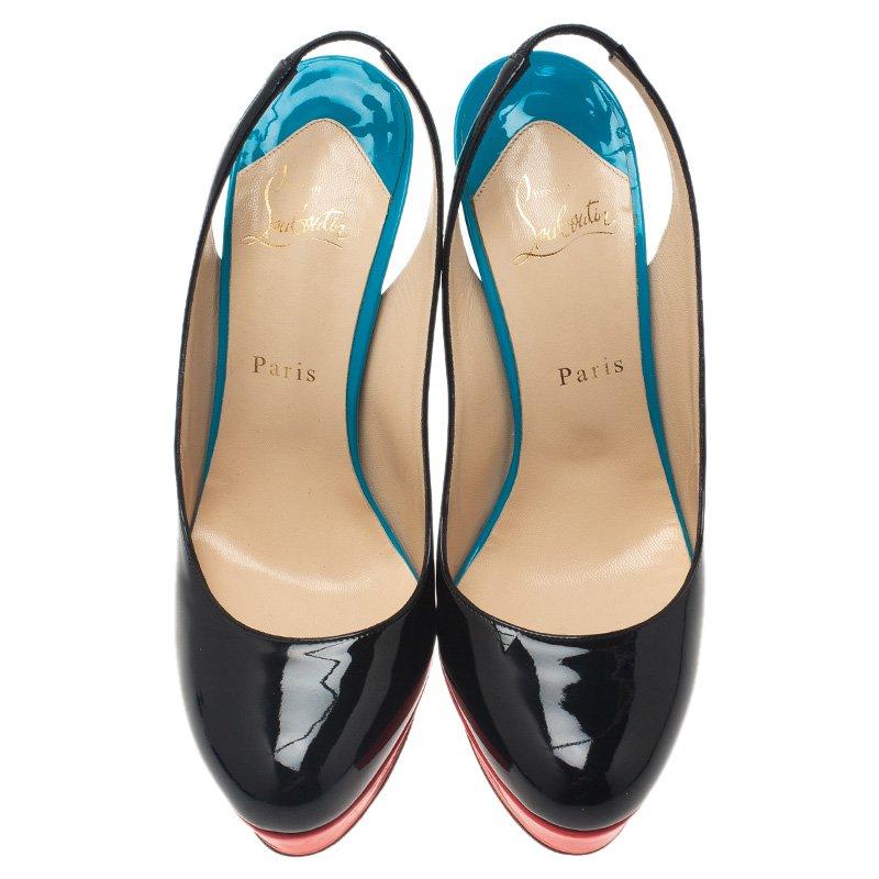 Christian Louboutin heels are every girl's dream. These funky color-blocked platforms add a pop of color to your outfit. Combining pink platforms, black toe boxes, white heels, and blue linings, their colorful look is versatile and can be matched