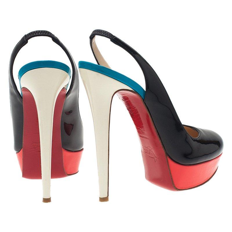 Brown Christian Louboutin Tricolor Patent Bianca Platform Slingback Sandals Size 39