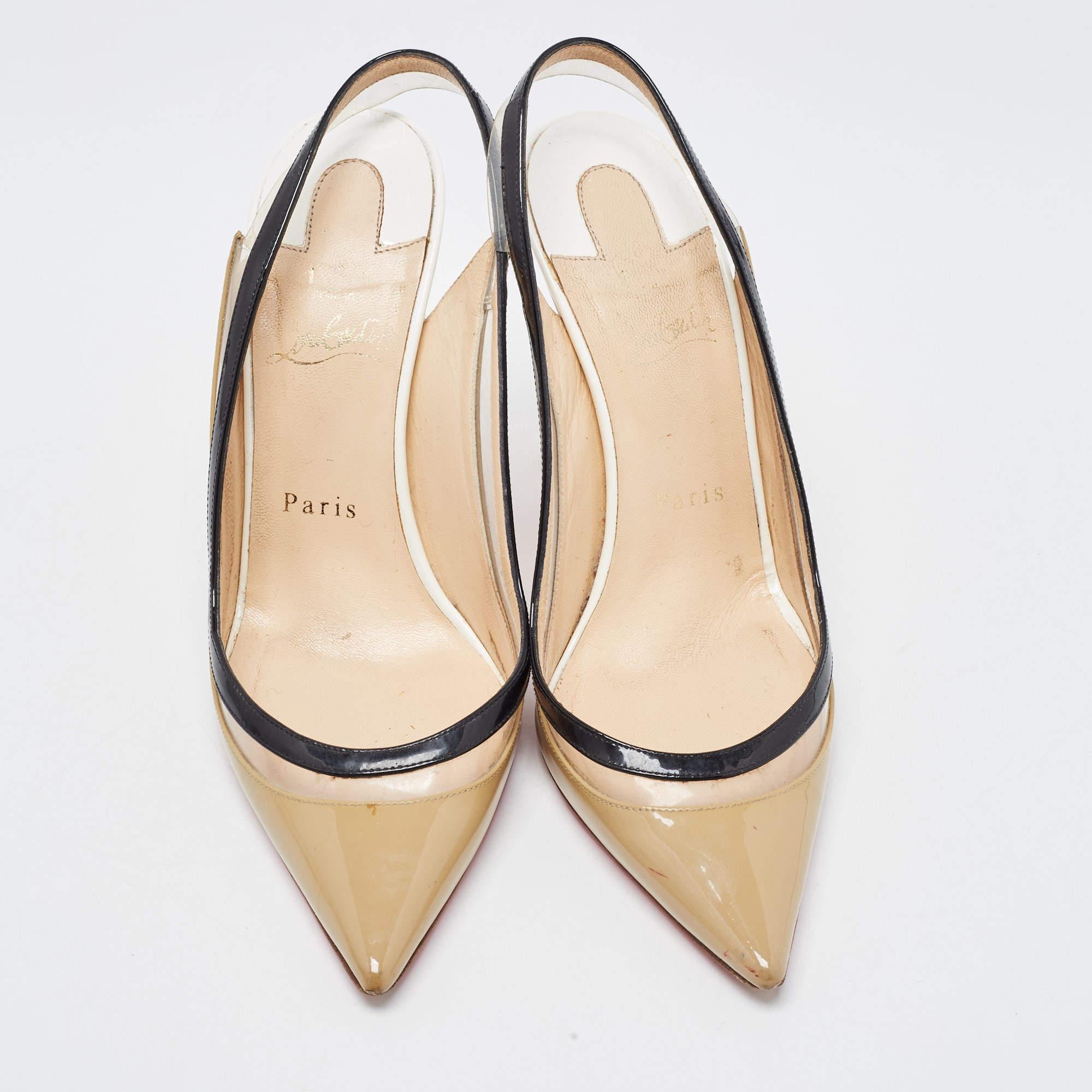 Beige Christian Louboutin Tricolor Patent Leather and PVC Paulina Slingback Pumps Size For Sale