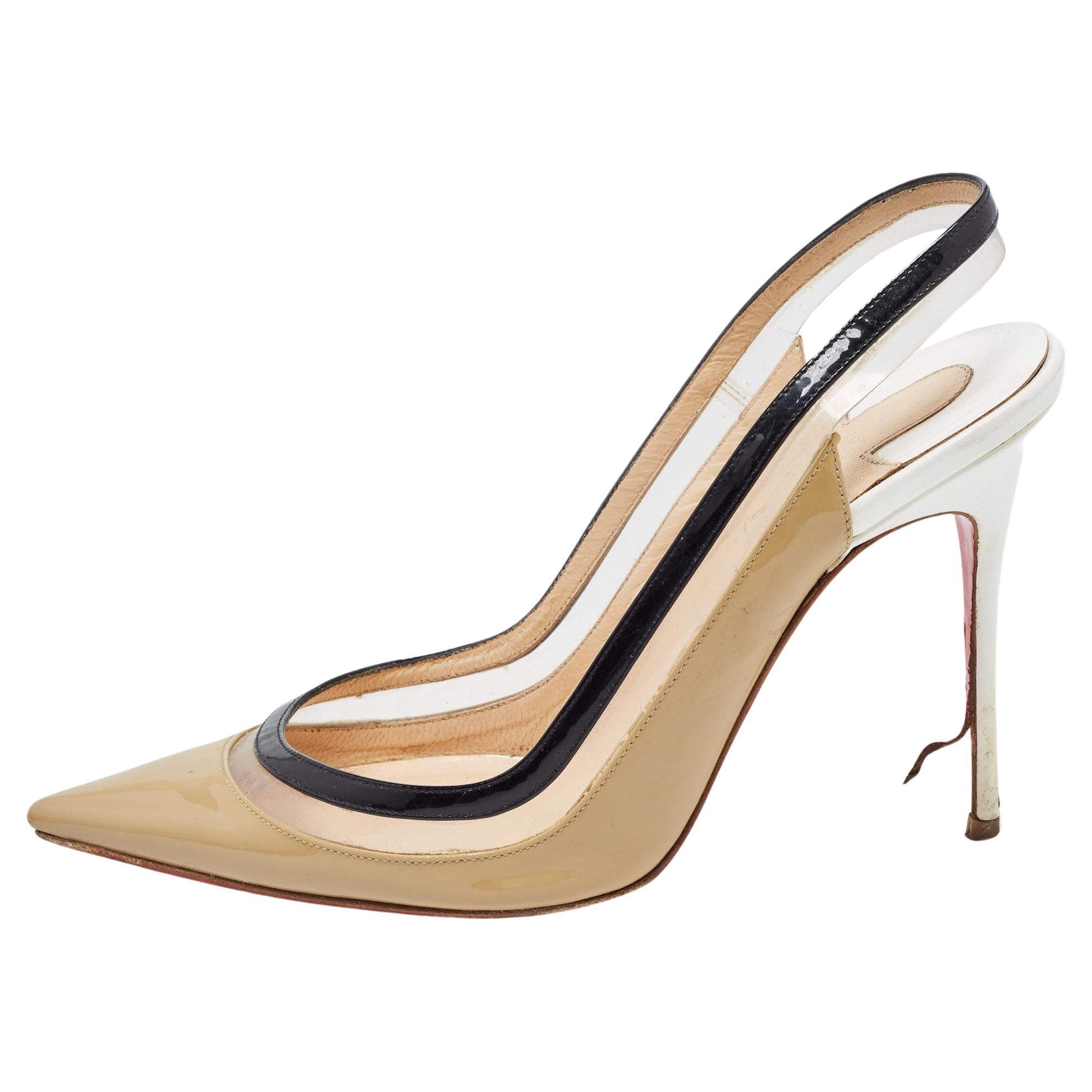 Christian Louboutin Tricolor Patent Leather and PVC Paulina Slingback Pumps Size For Sale