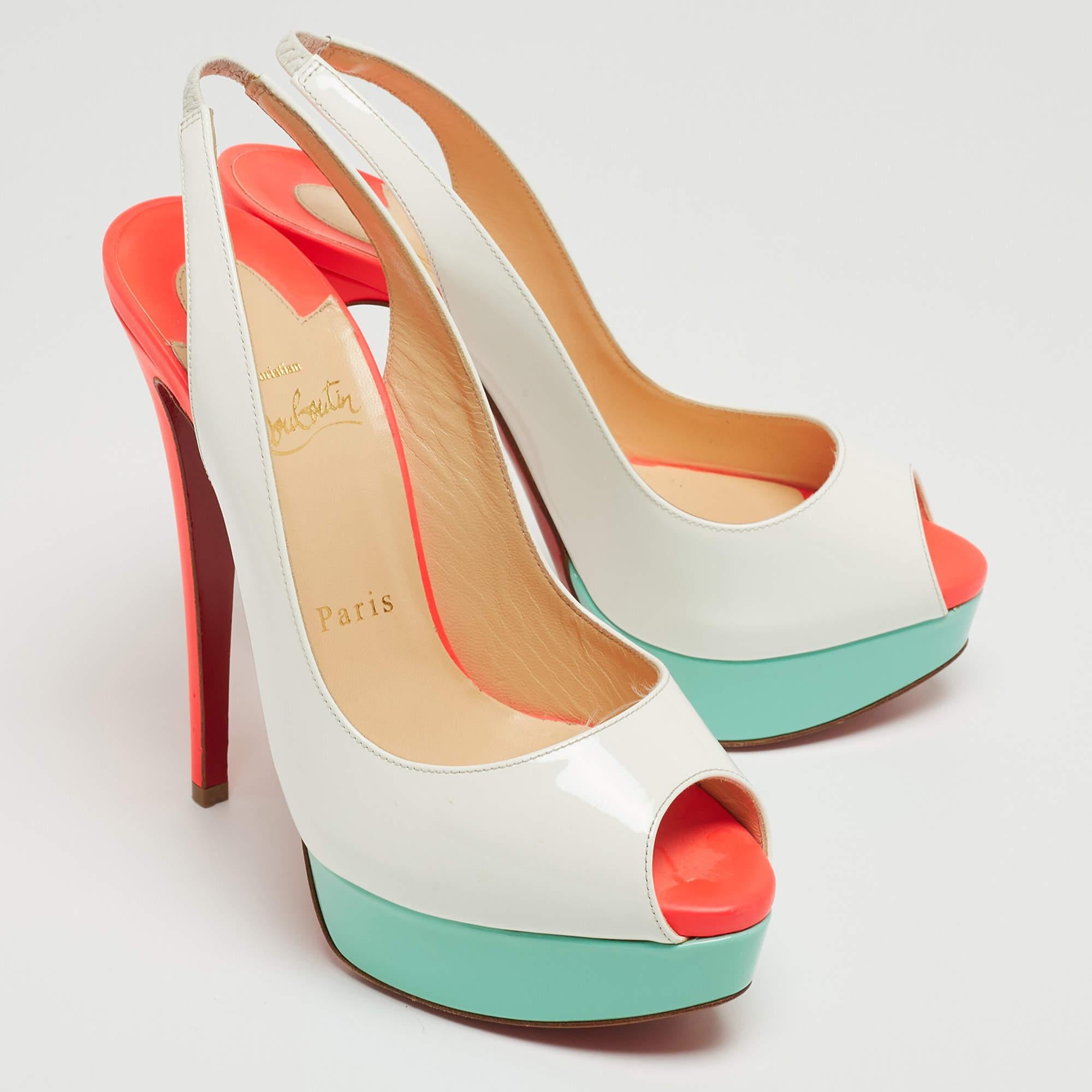 Women's Christian Louboutin Tricolor Patent Leather Lady Peep Slingback Pumps Size 37 For Sale