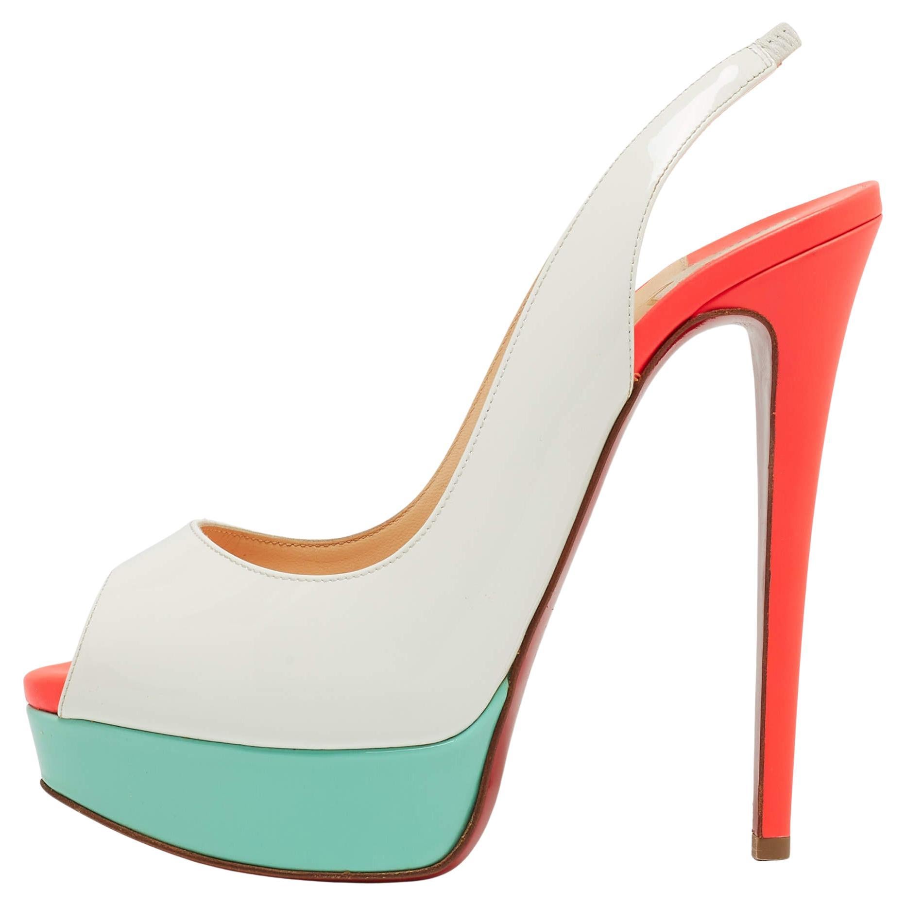 Christian Louboutin Tricolor Patent Leather Lady Peep Slingback Pumps Size 37 For Sale