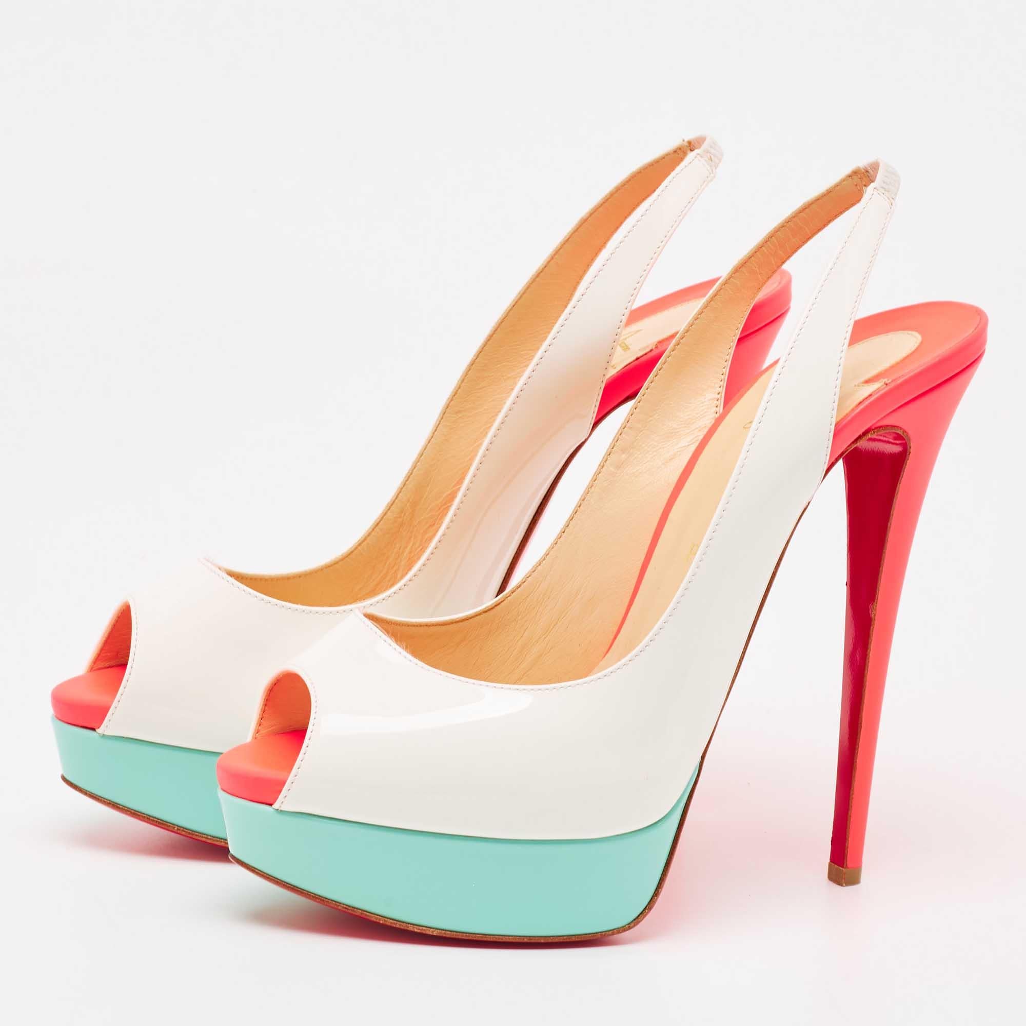Christian Louboutin Tricolor Patent Leather Lady Peep Slingback Pumps Size 40 For Sale 1
