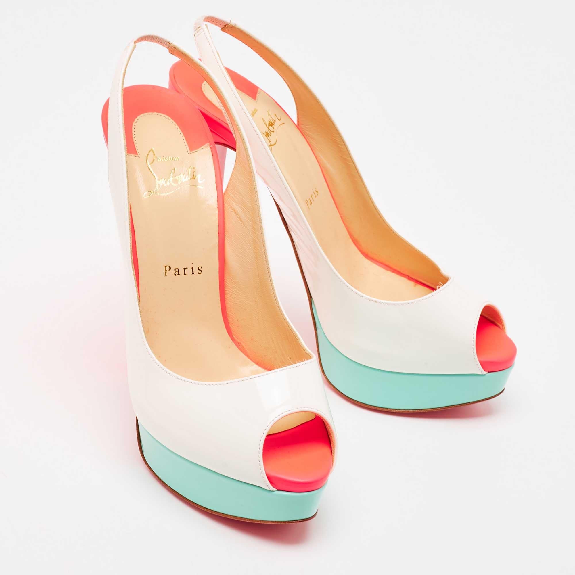 Christian Louboutin Tricolor Patent Leather Lady Peep Slingback Pumps Size 40 For Sale 2
