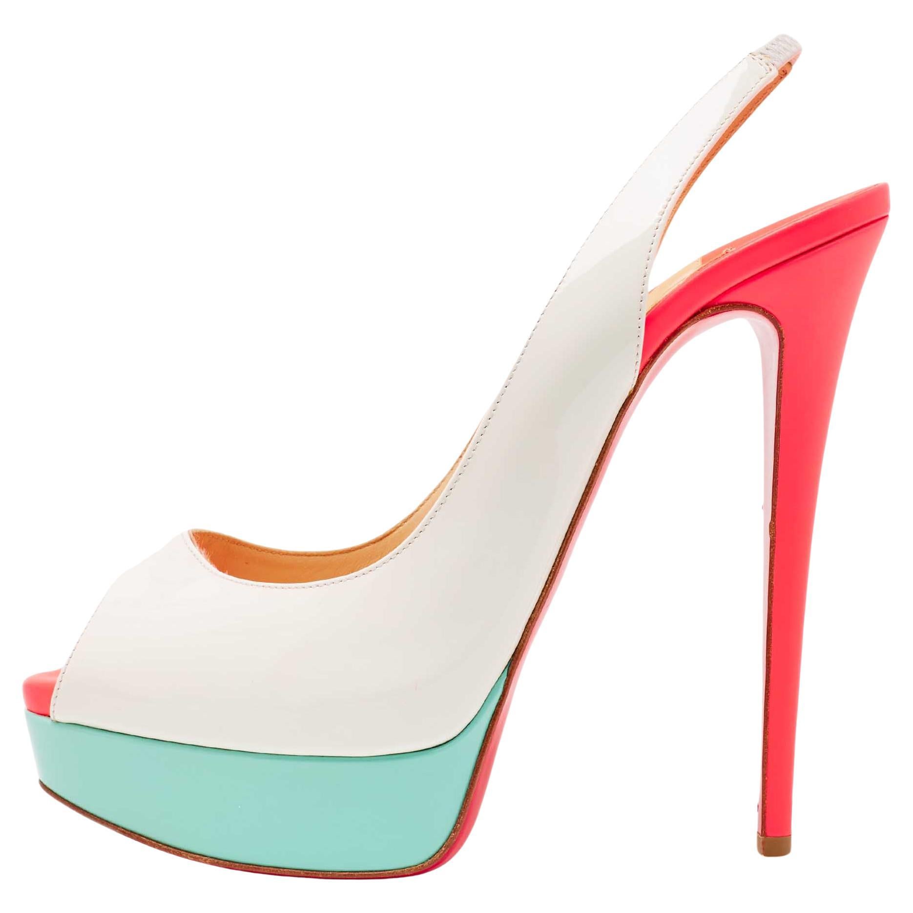 Christian Louboutin Tricolor Patent Leather Lady Peep Slingback Pumps Size 40 For Sale