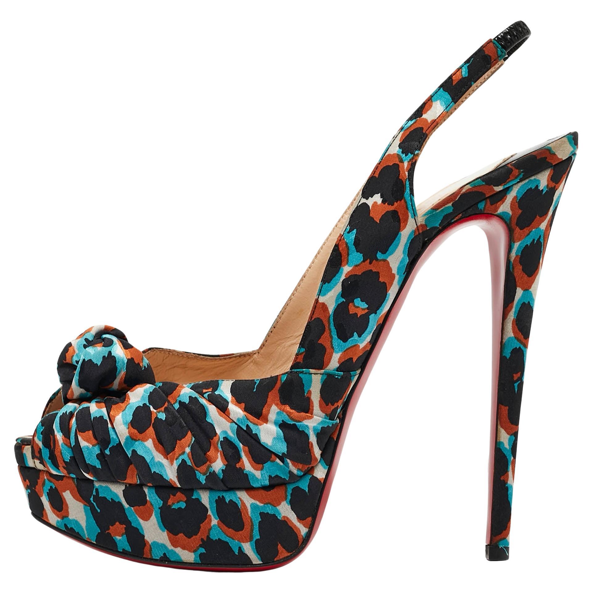 Christian Louboutin Tricolor Printed Fabric Jenny Slingback Pumps Size 39.5 For Sale