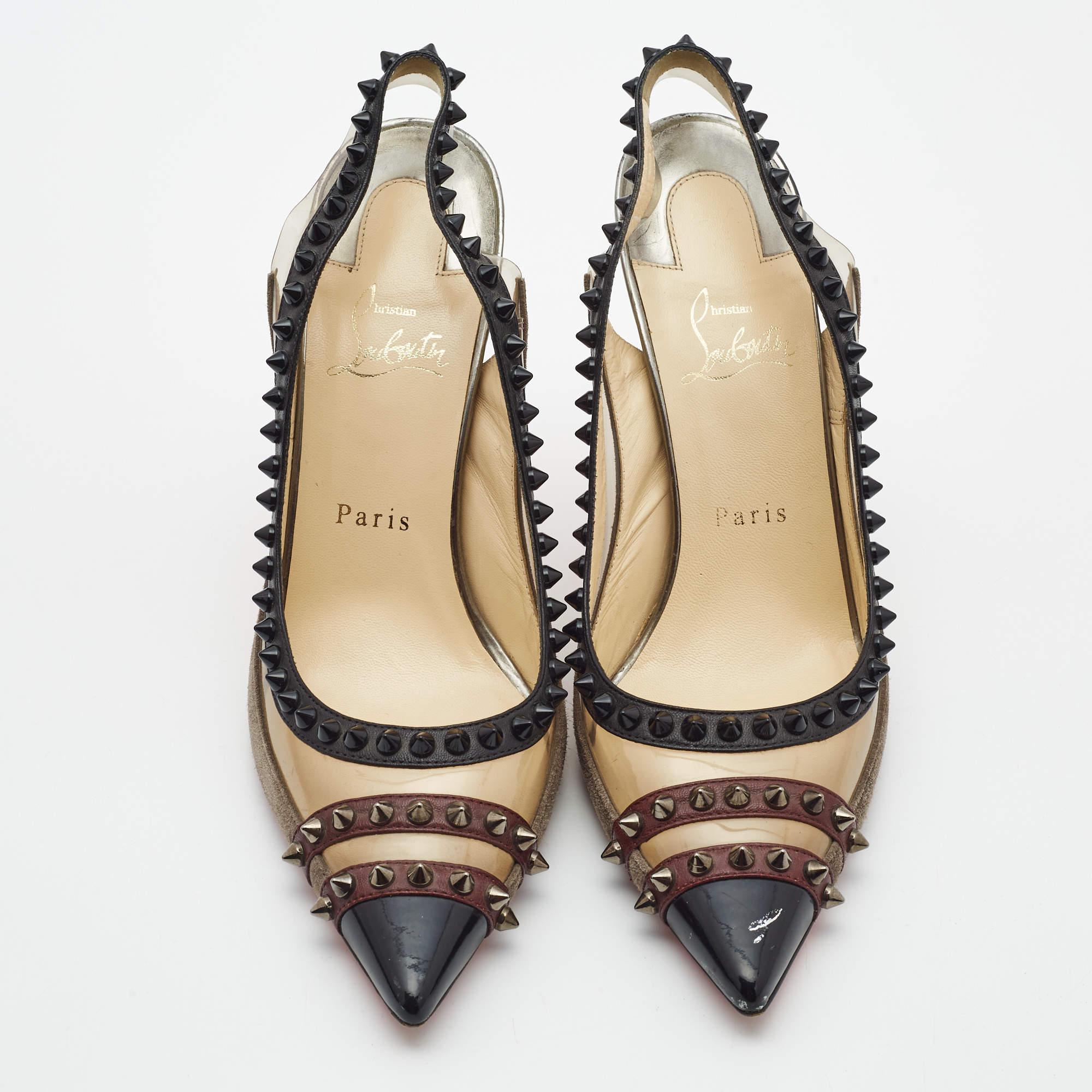 Brown Christian Louboutin Tricolor Suede and PVC Paulina Slingback Pumps Size 39 For Sale