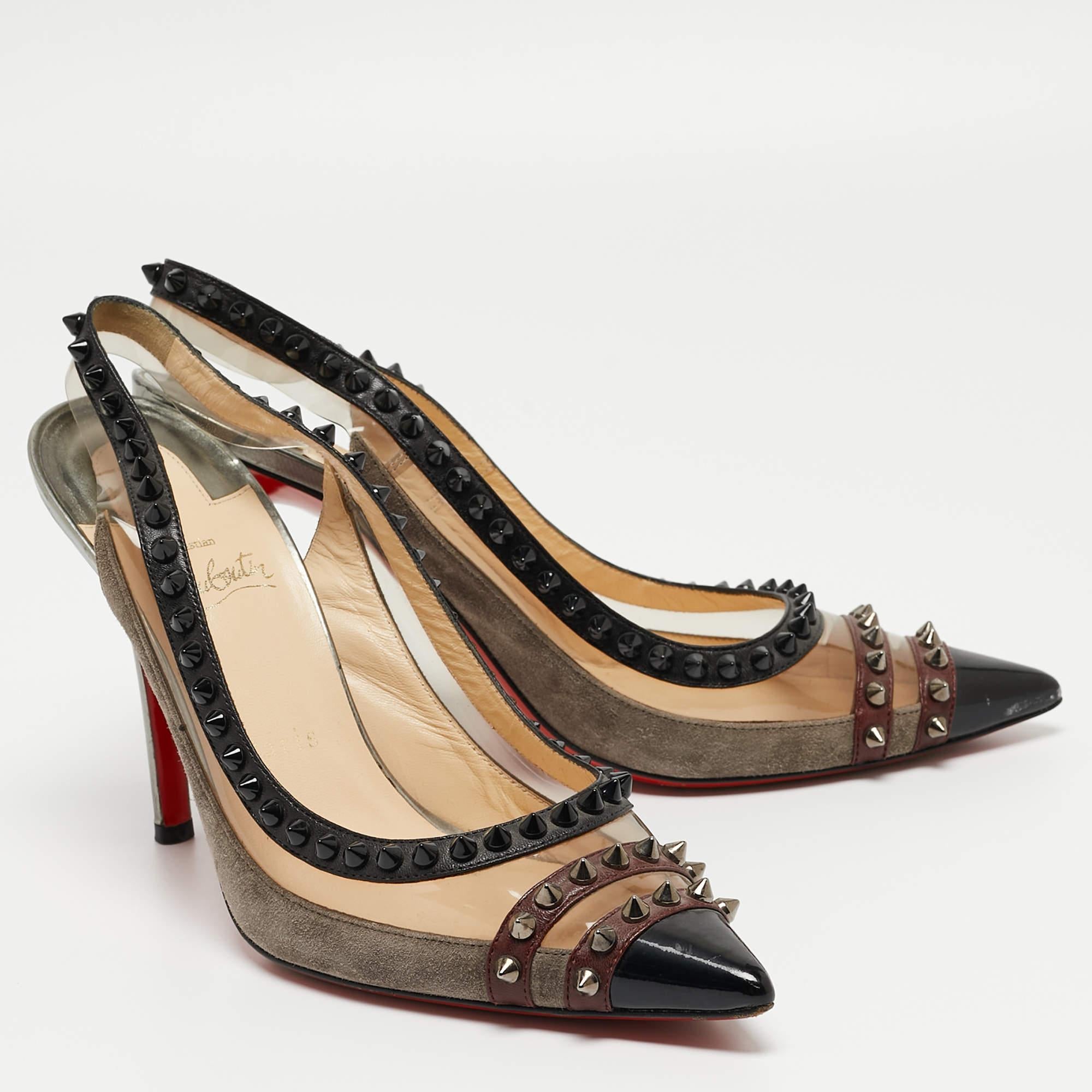 Christian Louboutin Tricolor Suede and PVC Paulina Slingback Pumps Size 39 In Good Condition For Sale In Dubai, Al Qouz 2
