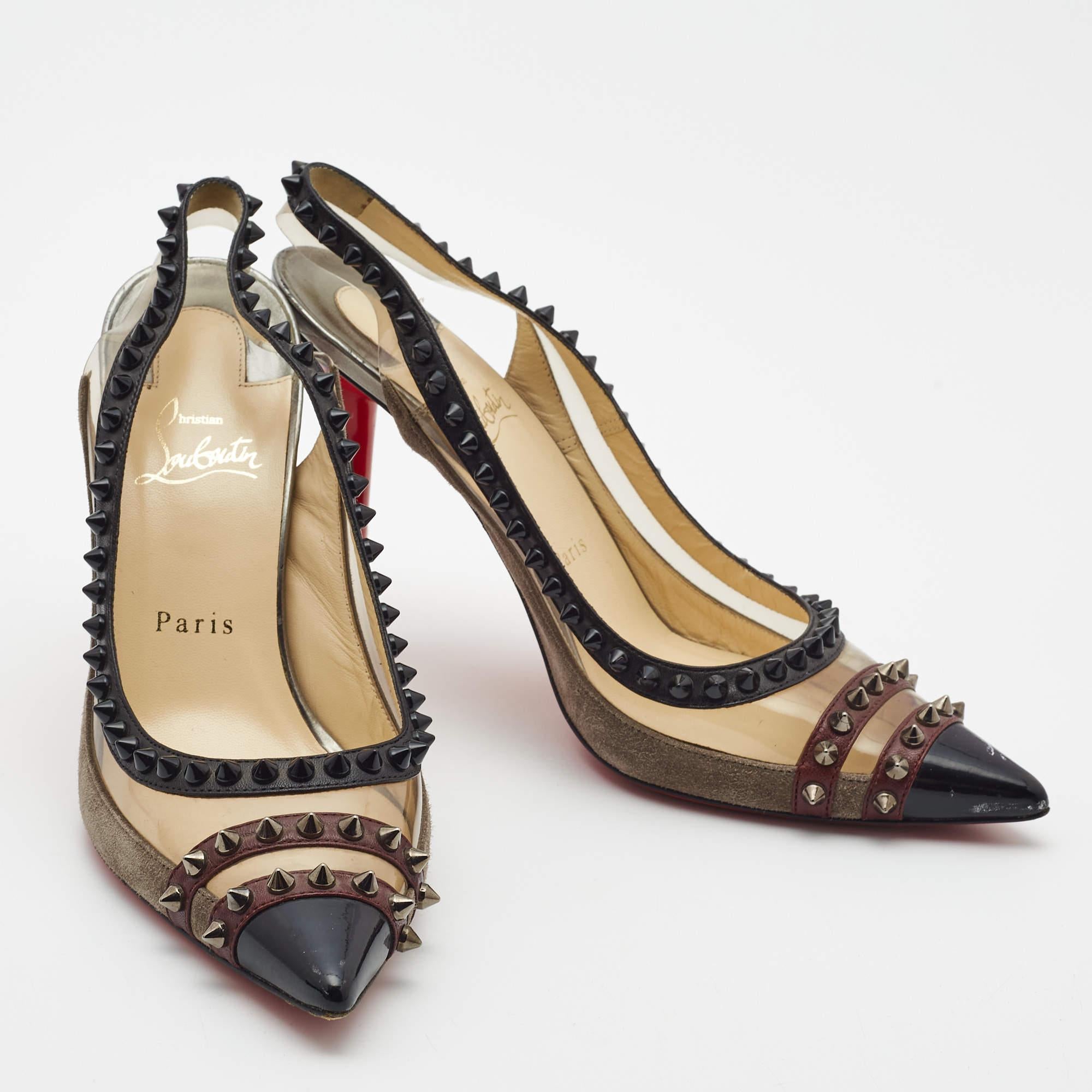 Christian Louboutin Tricolor Suede and PVC Paulina Slingback Pumps Size 39 In Good Condition For Sale In Dubai, Al Qouz 2
