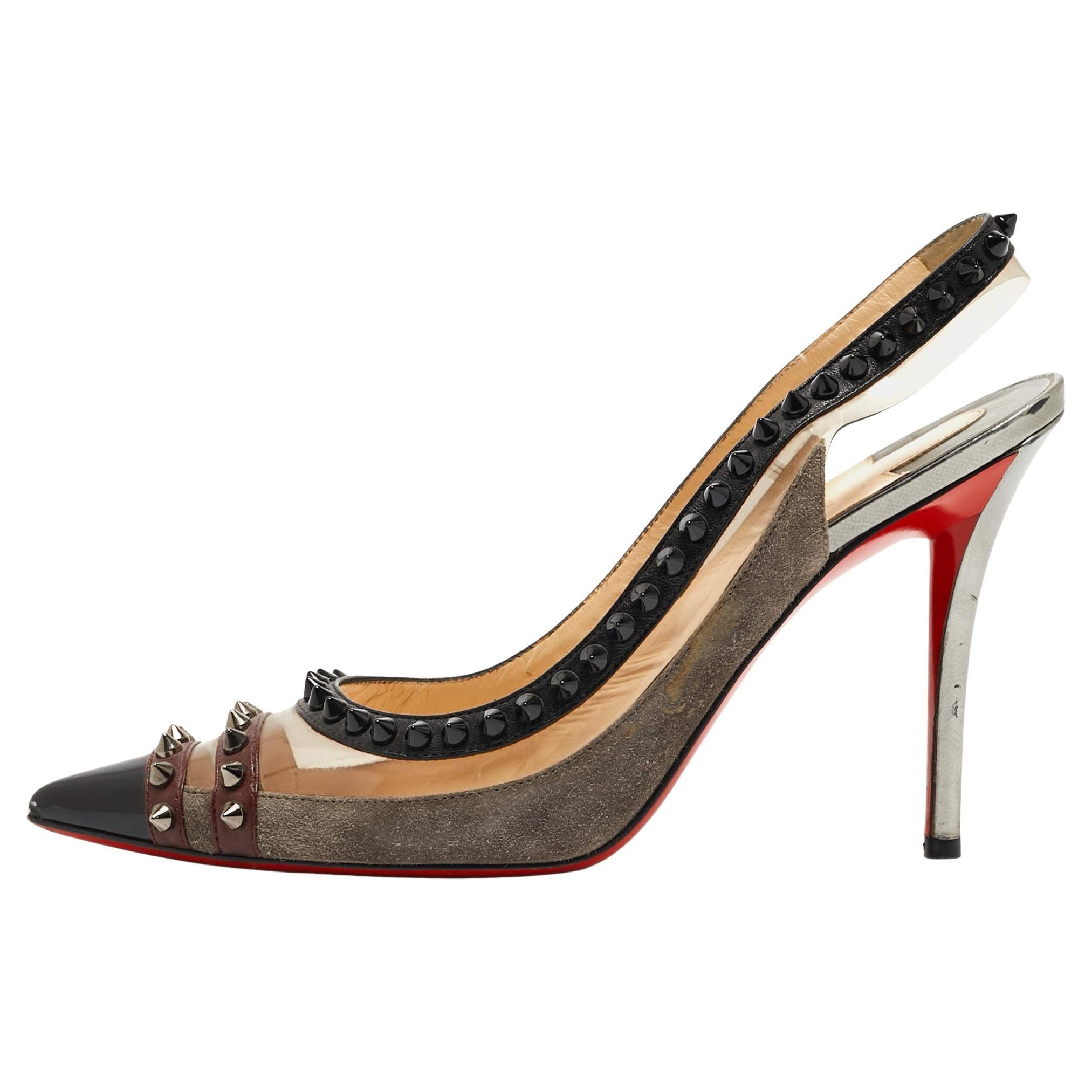 Christian Louboutin Tricolor Suede and PVC Paulina Slingback Pumps Size 39 For Sale