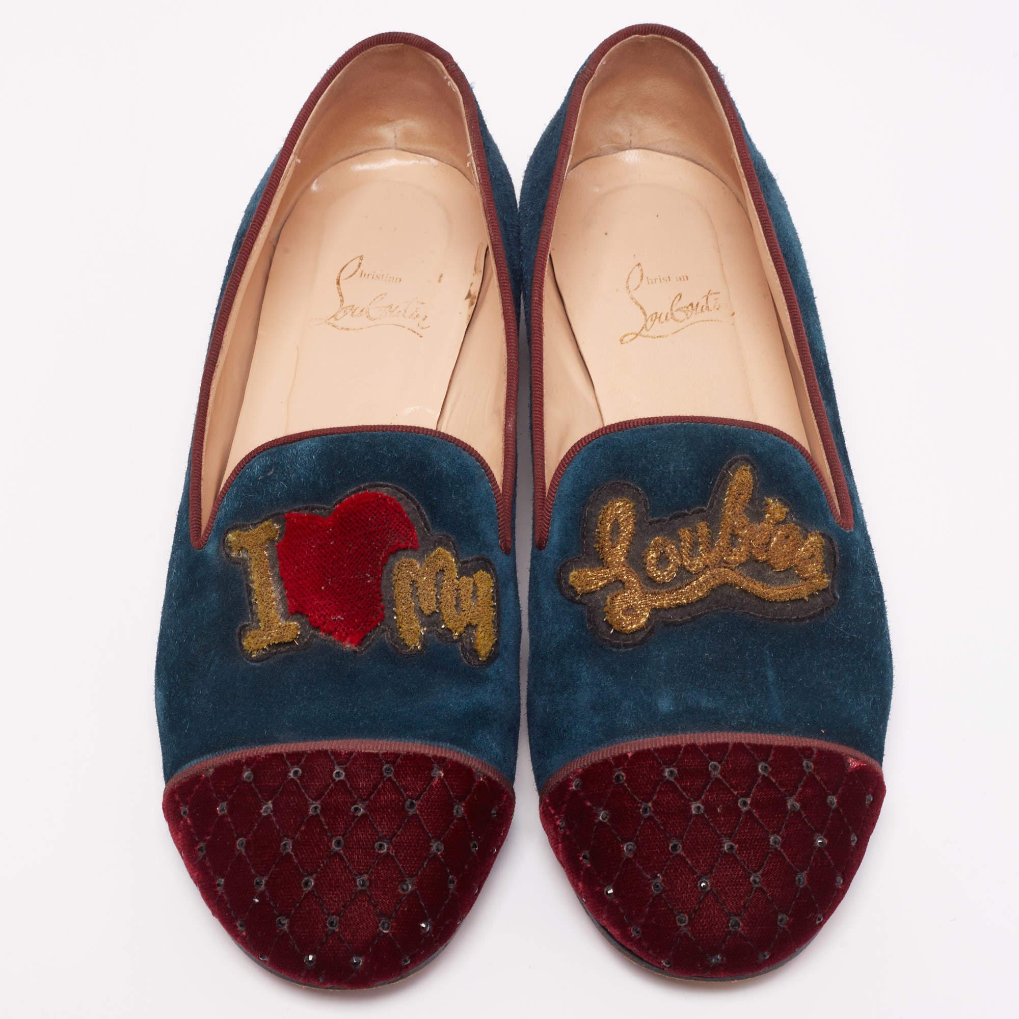 Move in style and comfort with this pair of loafers by Christian Louboutin. The shoes have been crafted from suede and velvet into a round-toe silhouette and highlighted with embellishments on the uppers.

