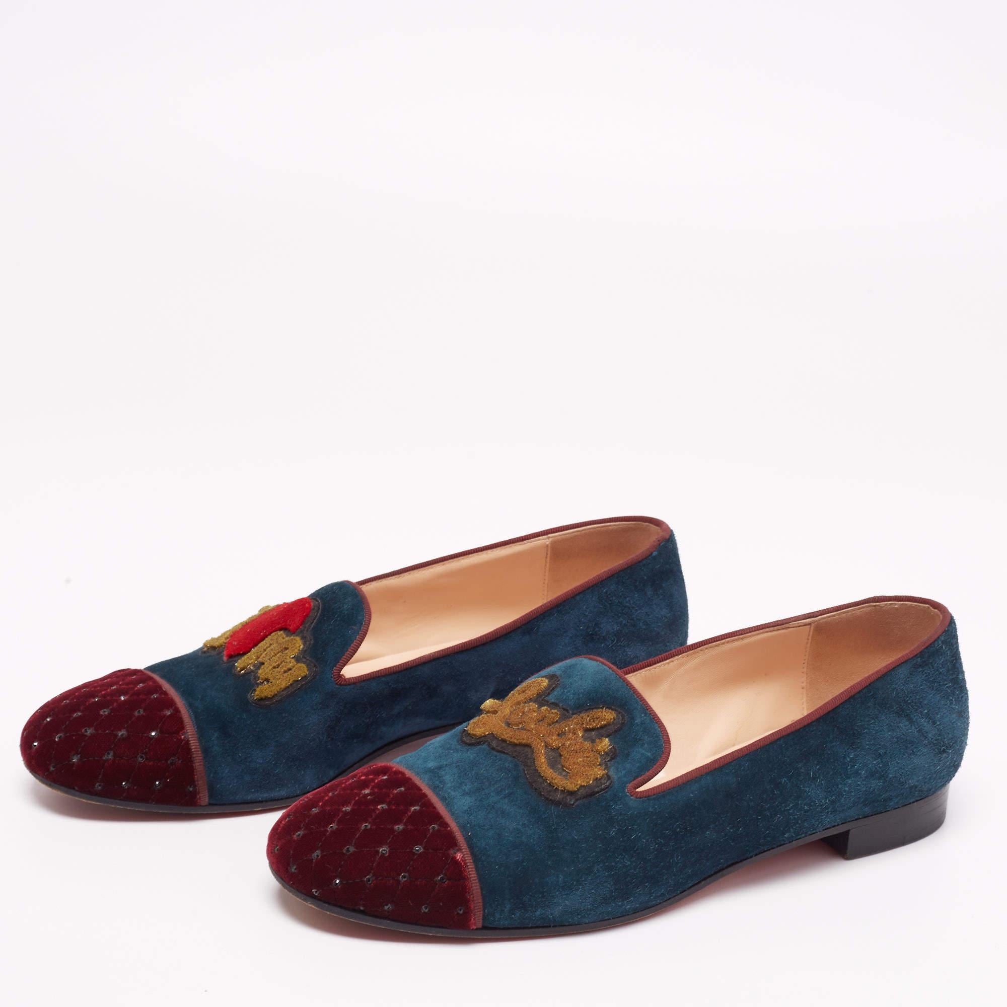 Christian Louboutin Tricolor Suede Velvet I Love My Loubies Loafers Size 38.5 In Fair Condition For Sale In Dubai, Al Qouz 2
