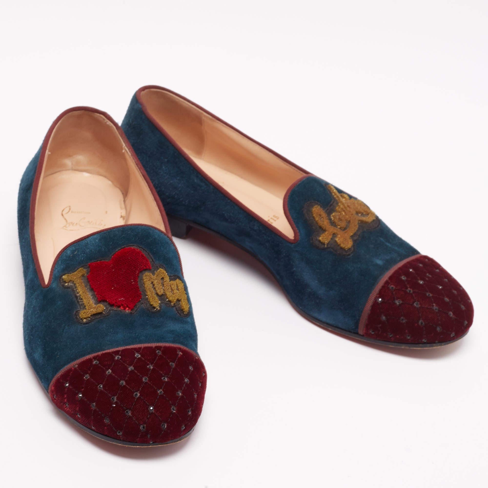Women's Christian Louboutin Tricolor Suede Velvet I Love My Loubies Loafers Size 38.5 For Sale