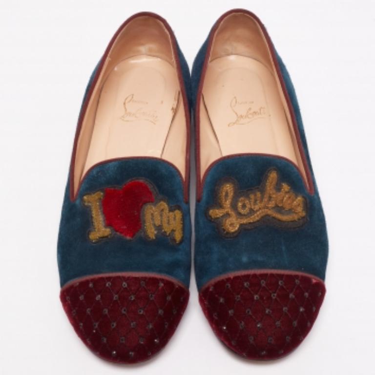 Christian Louboutin Mocassins en daim et velours tricolore I Love My Loubies Taille 38.5 en vente 2