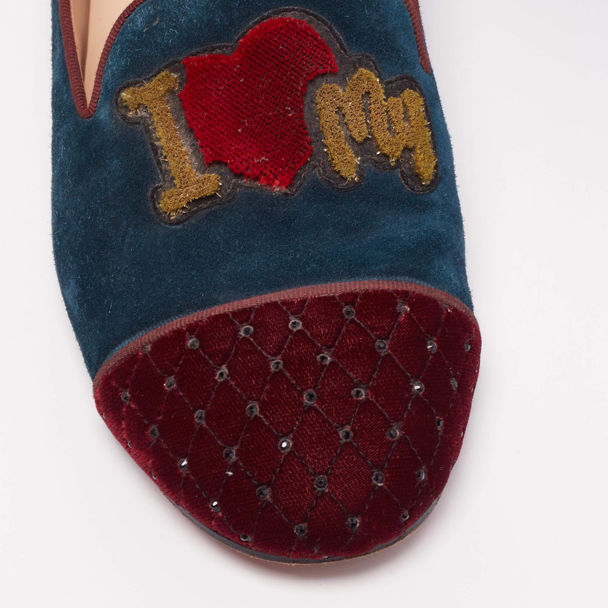Christian Louboutin Tricolor Suede Velvet I Love My Loubies Loafers Size 38.5 For Sale 2