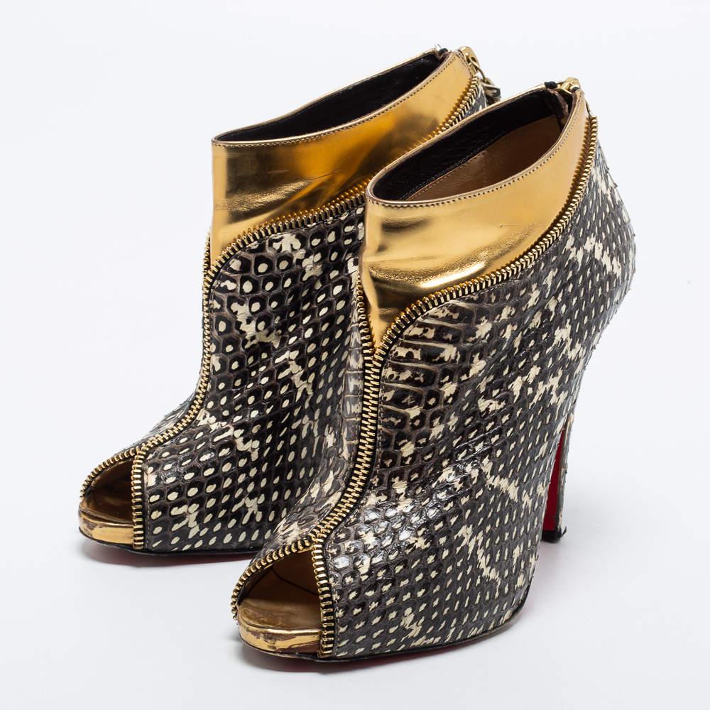 Women's Christian Louboutin Tricolor Water Snake Col Zipped Ankle Booties Size 37 For Sale