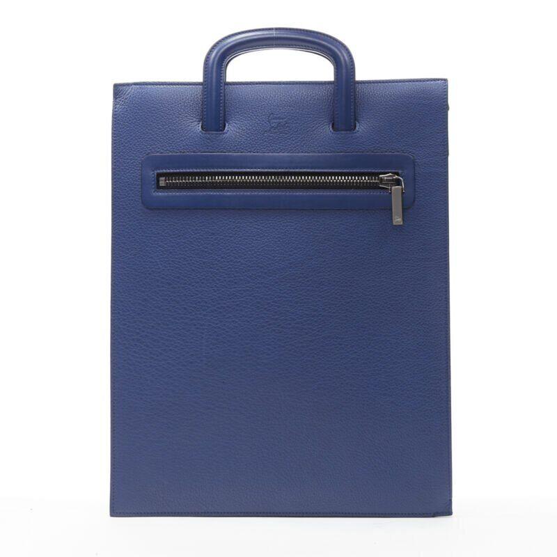 CHRISTIAN LOUBOUTIN Trictrac blue crest studded leather side zip portfolio bag In Excellent Condition For Sale In Hong Kong, NT