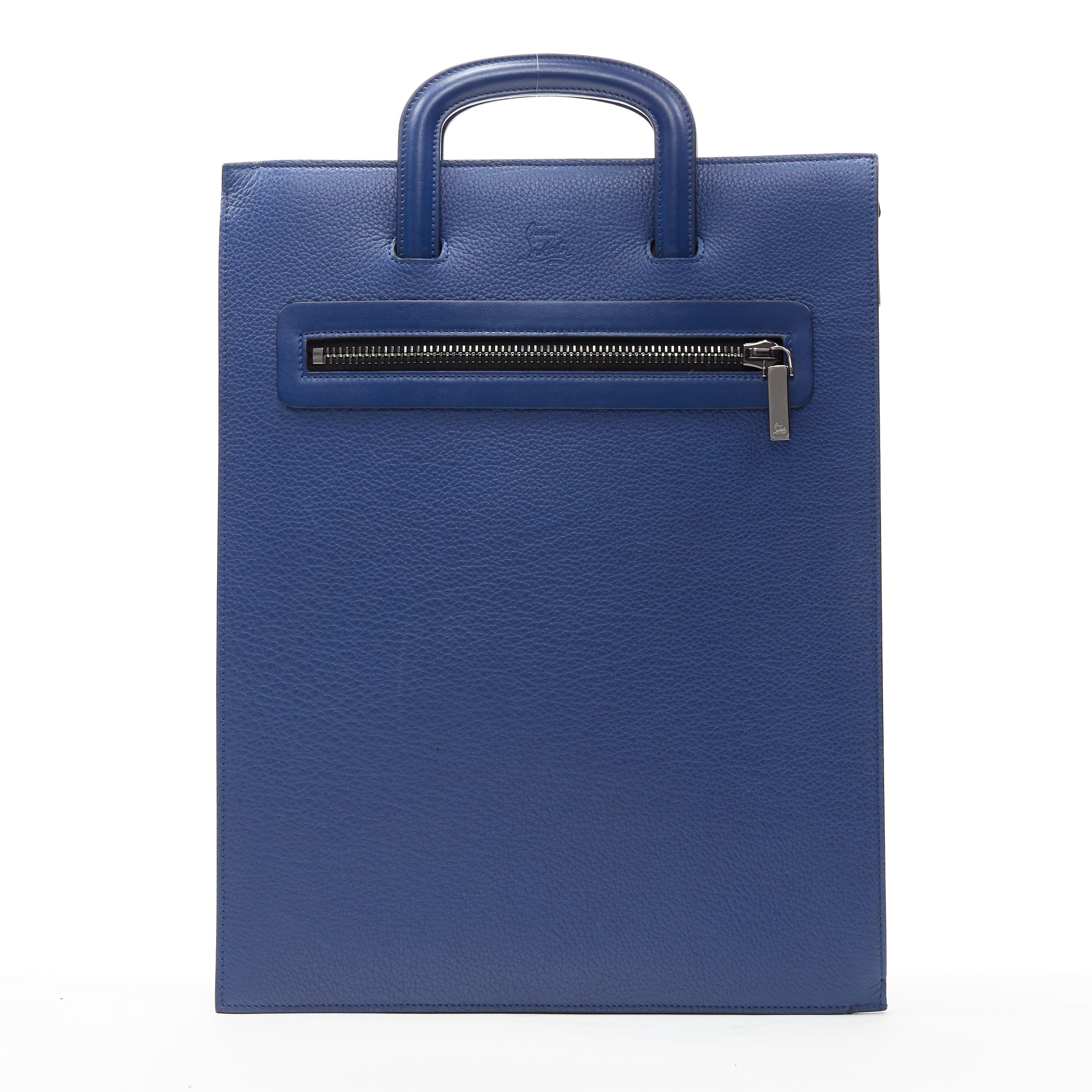 Blue CHRISTIAN LOUBOUTIN Trictrac blue crest studded leather side zip portfolio bag For Sale