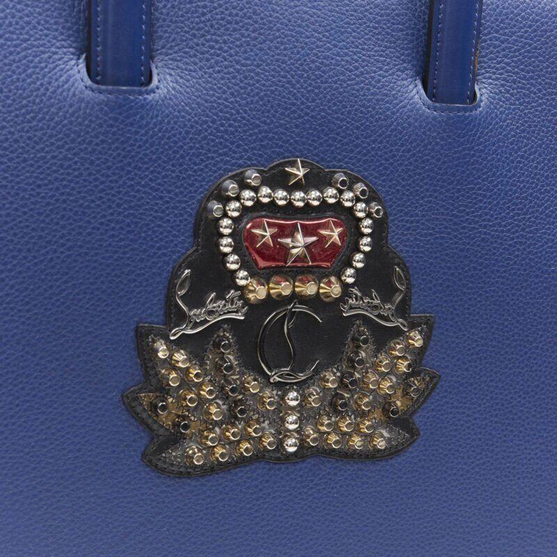 CHRISTIAN LOUBOUTIN Trictrac blue crest studded leather side zip portfolio bag For Sale 1