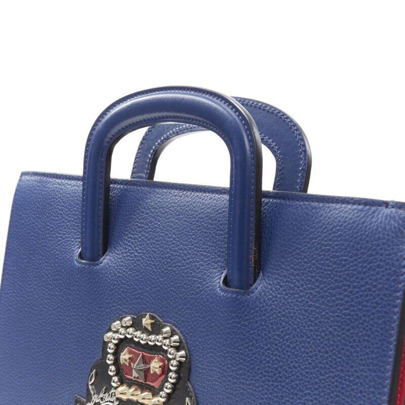 CHRISTIAN LOUBOUTIN Trictrac blue crest studded leather side zip portfolio bag For Sale 2