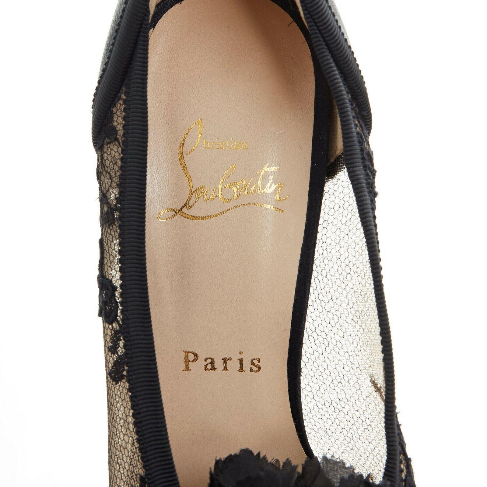 CHRISTIAN LOUBOUTIN Tsar 130 black embroidered lace flower satin platform EU37 4