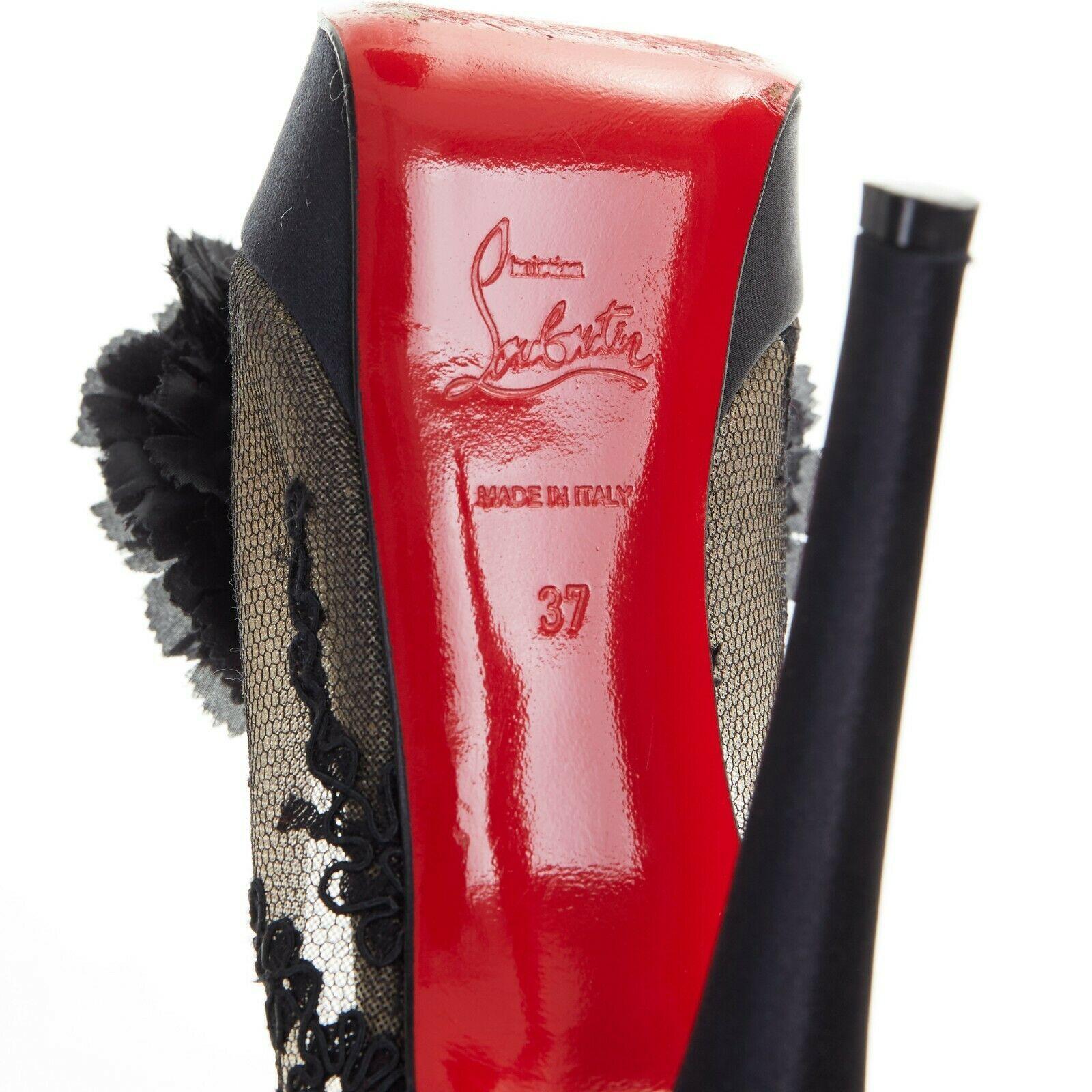 CHRISTIAN LOUBOUTIN Tsar 130 black embroidered lace flower satin platform EU37 5