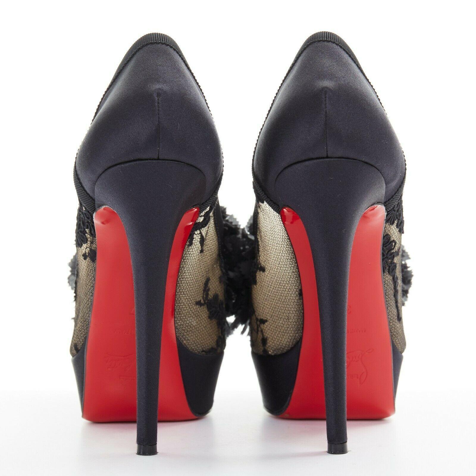 Black CHRISTIAN LOUBOUTIN Tsar 130 black embroidered lace flower satin platform EU37