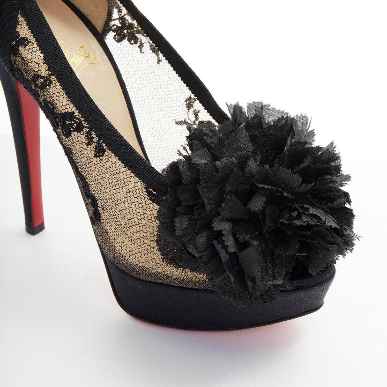 Women's CHRISTIAN LOUBOUTIN Tsar 130 black embroidered lace flower satin platform EU37