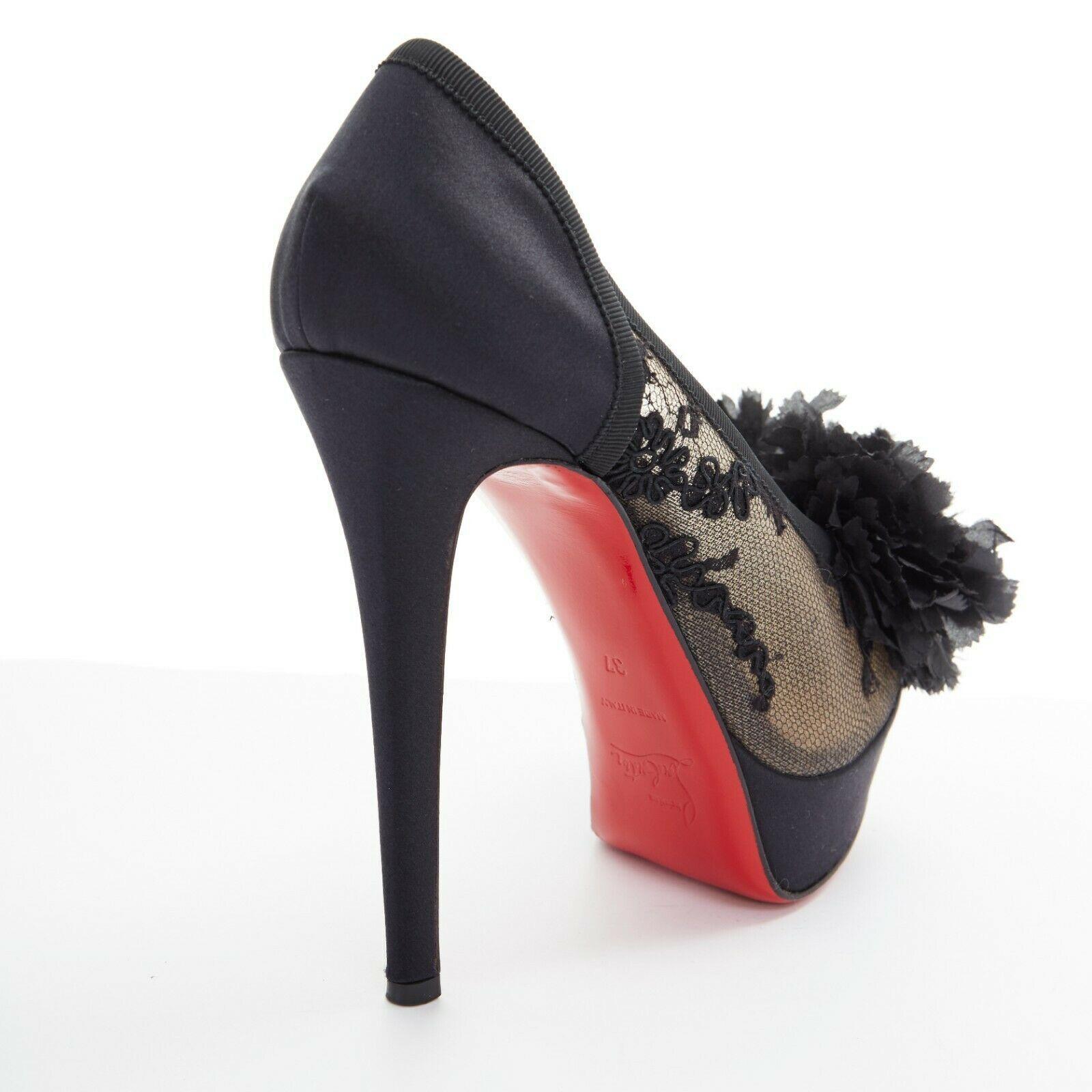 CHRISTIAN LOUBOUTIN Tsar 130 black embroidered lace flower satin platform EU37 1
