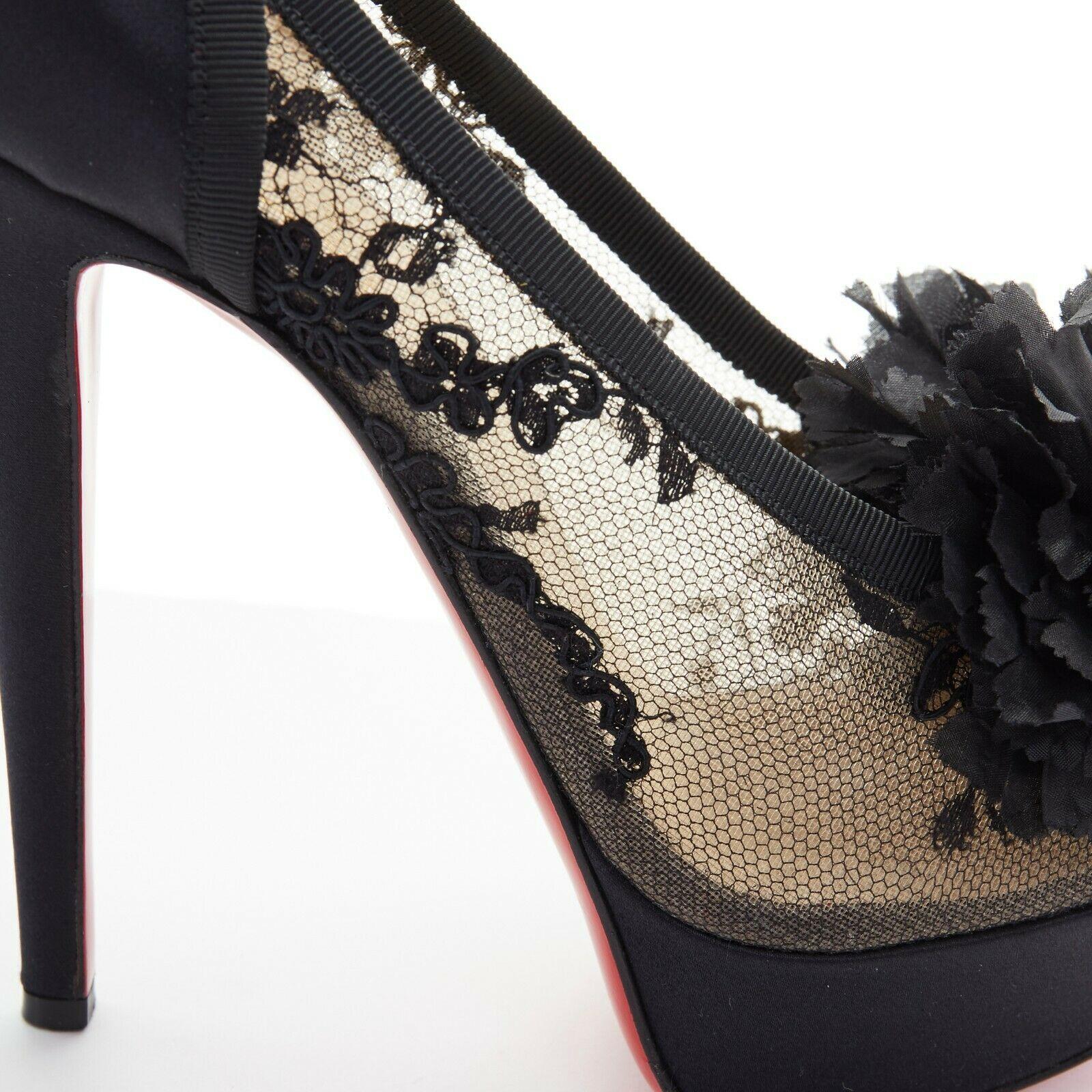 CHRISTIAN LOUBOUTIN Tsar 130 black embroidered lace flower satin platform EU37 2