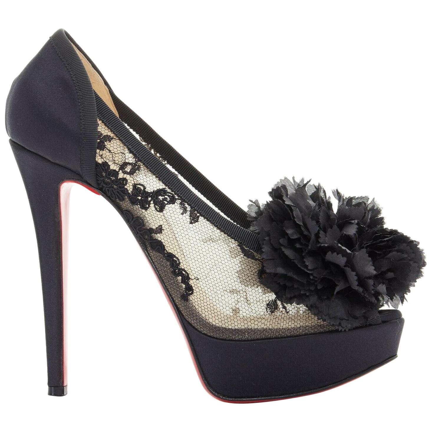 CHRISTIAN LOUBOUTIN Tsar 130 black embroidered lace flower satin platform EU37